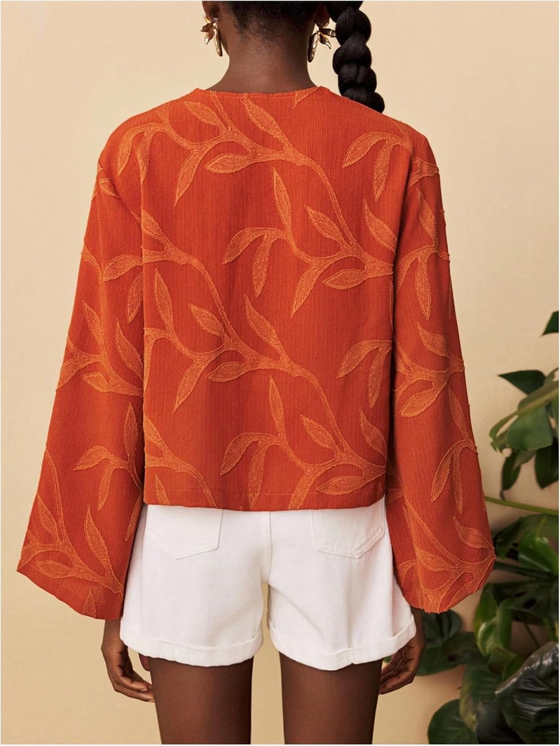 Floerns Women's Graphic Boho Tie Front Blouse Top Deep V Neck Bell Sleeve Casual Shirts - Image 2