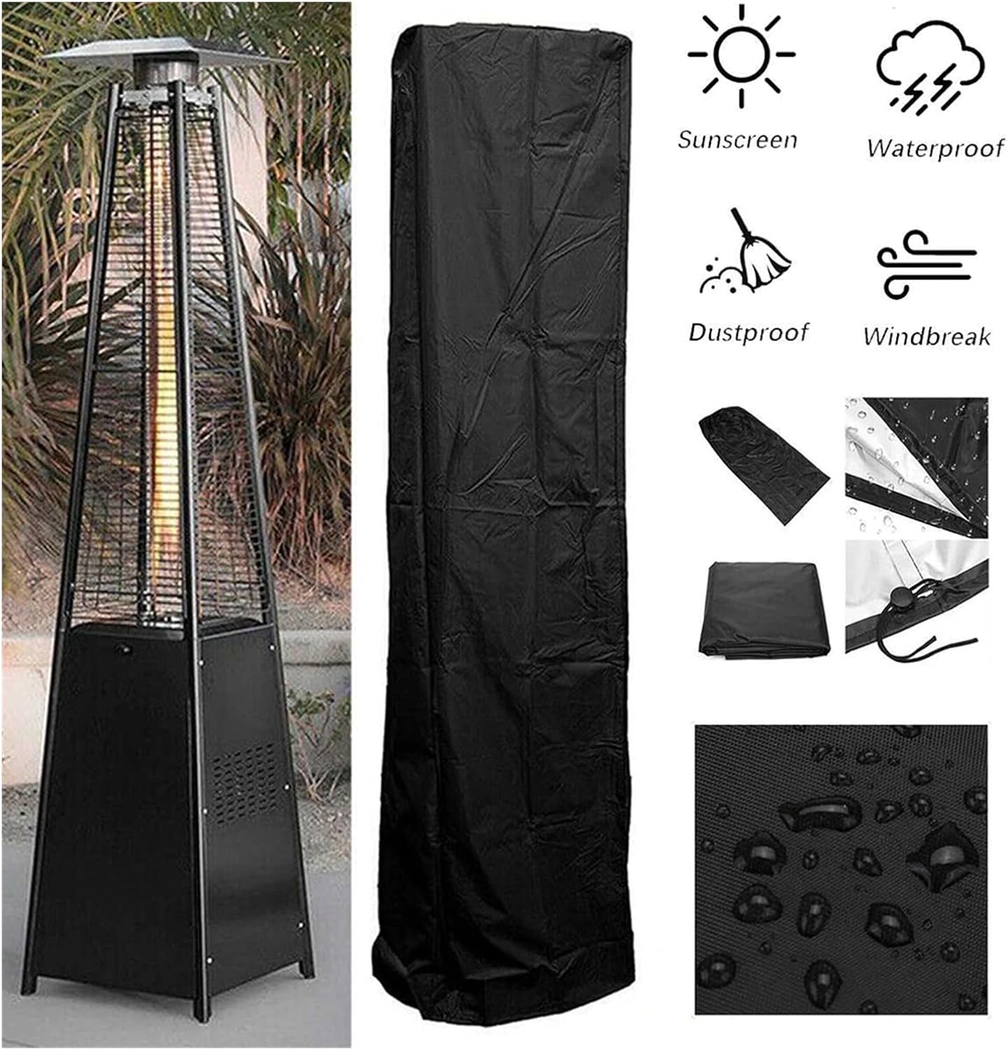 Patio Heater Cover Heavy Duty Waterproof Square Glass Tube Outdoor Dustproof with Zipper for Garden
