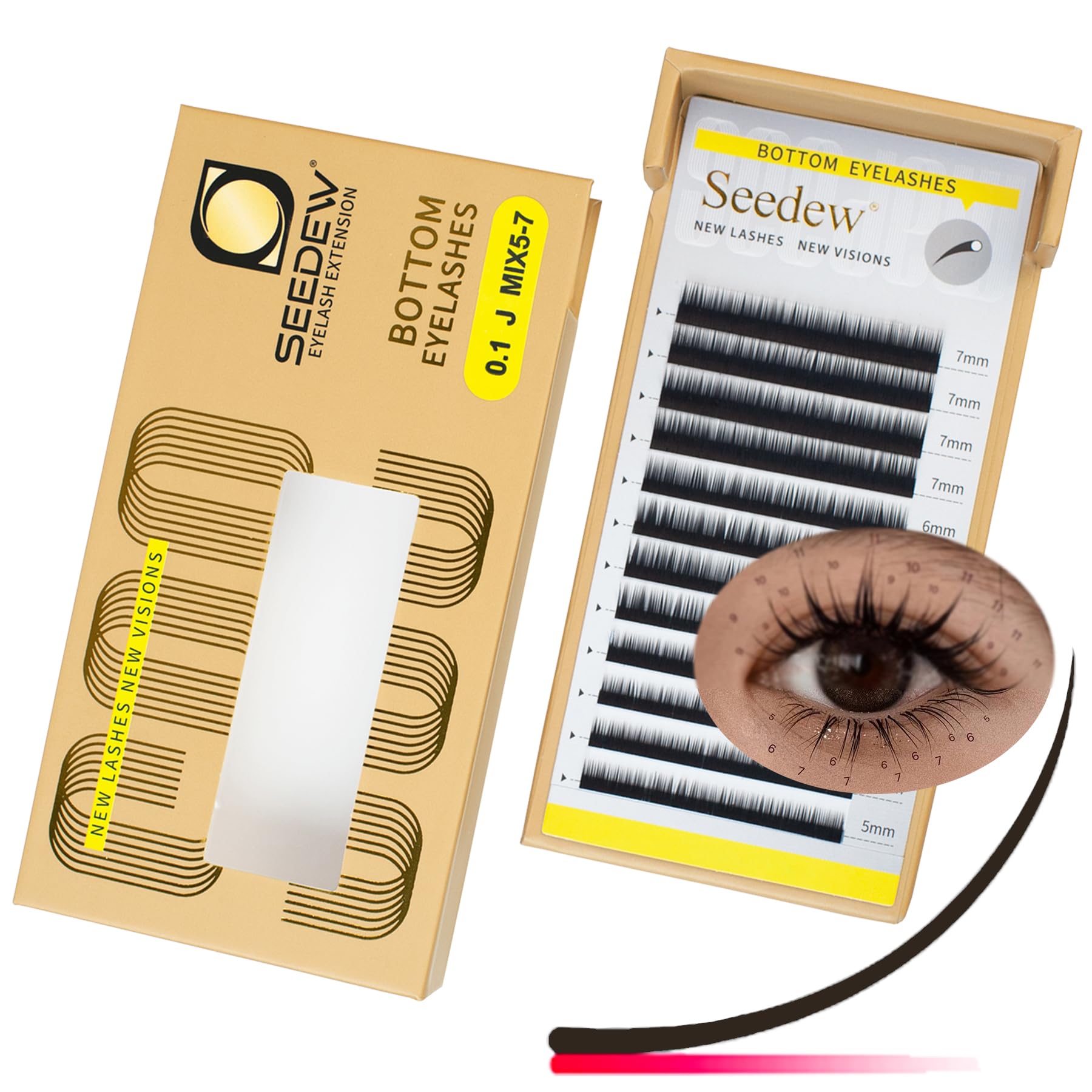 SEEDEW Bottom Eyelash Extensions, MIX5-7mm J Curl 0.10mm 12 Rows/Tray