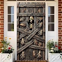 Halloween Skeleton Door Banner 71x35 Inch Wooden Plank Design with Creepy Skeleton Hands and Glowing Eyes Spooky Door Cover for Outdoor Haunted House Decoration