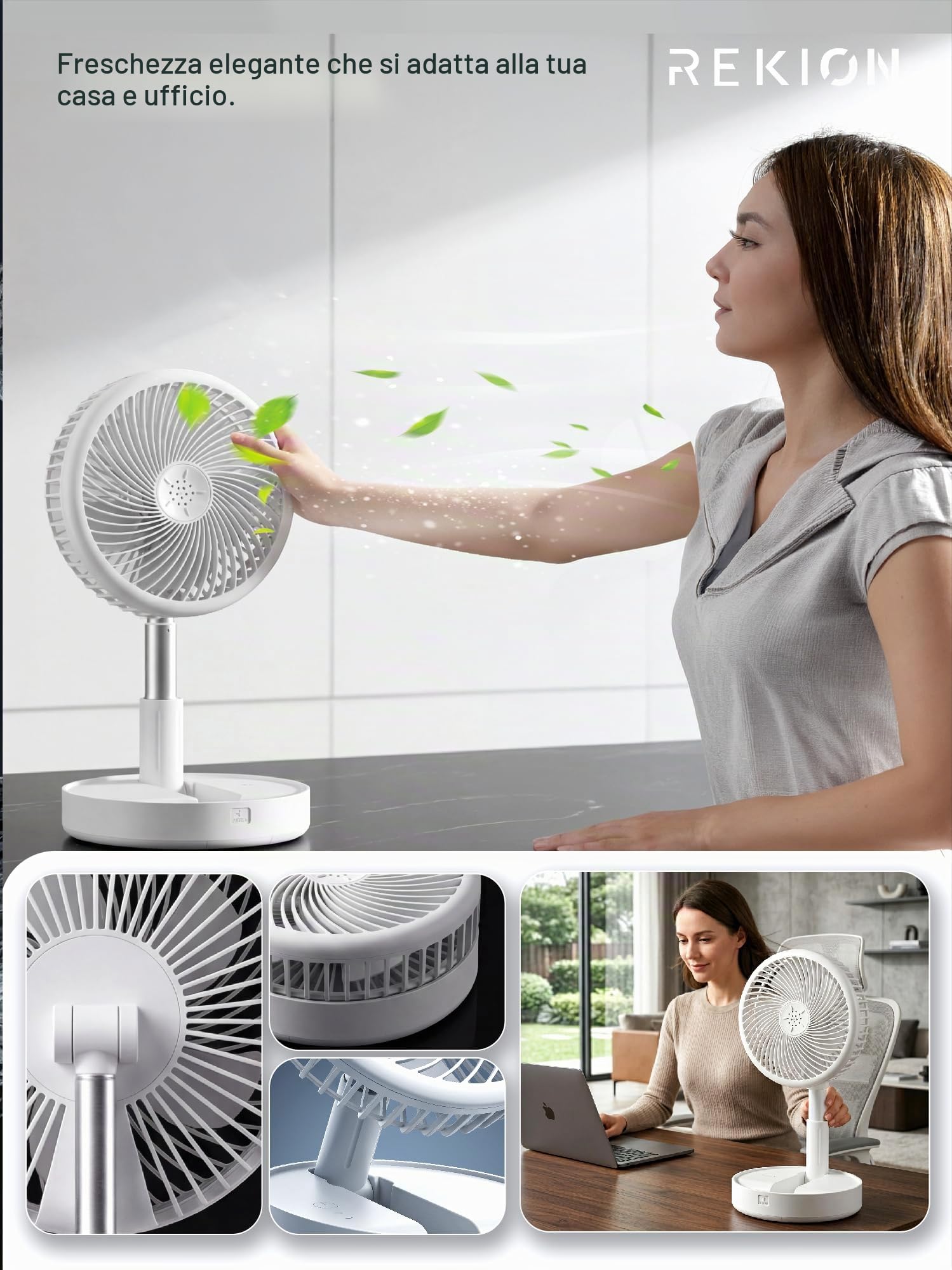 REKION® Ventilatore a piantana ultra silenzioso, 30 dB, pieghevole, di alta qualità, portatile, ricaricabile, 4000 mAh, USB-C, 4 velocità, regolazione a 180°, scrivania, campeggio e viaggi, altezza