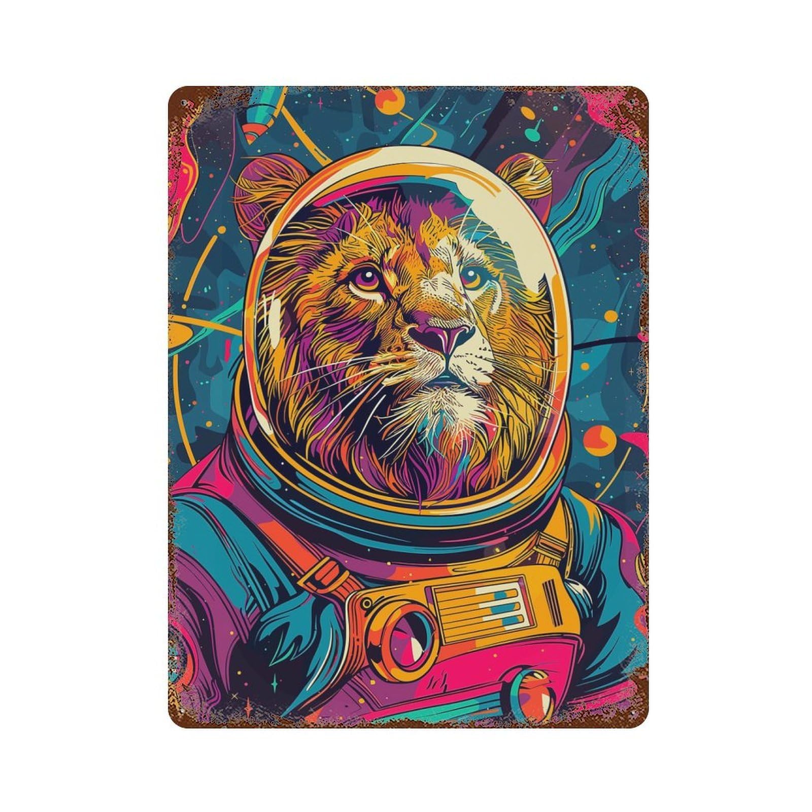 Rust Effect Lion Astronaut Space Weathered Tin Sign 15.7"x11.8", Farmhouse Wall Decor for Farmhouse, Kitchen And Entryway Decor