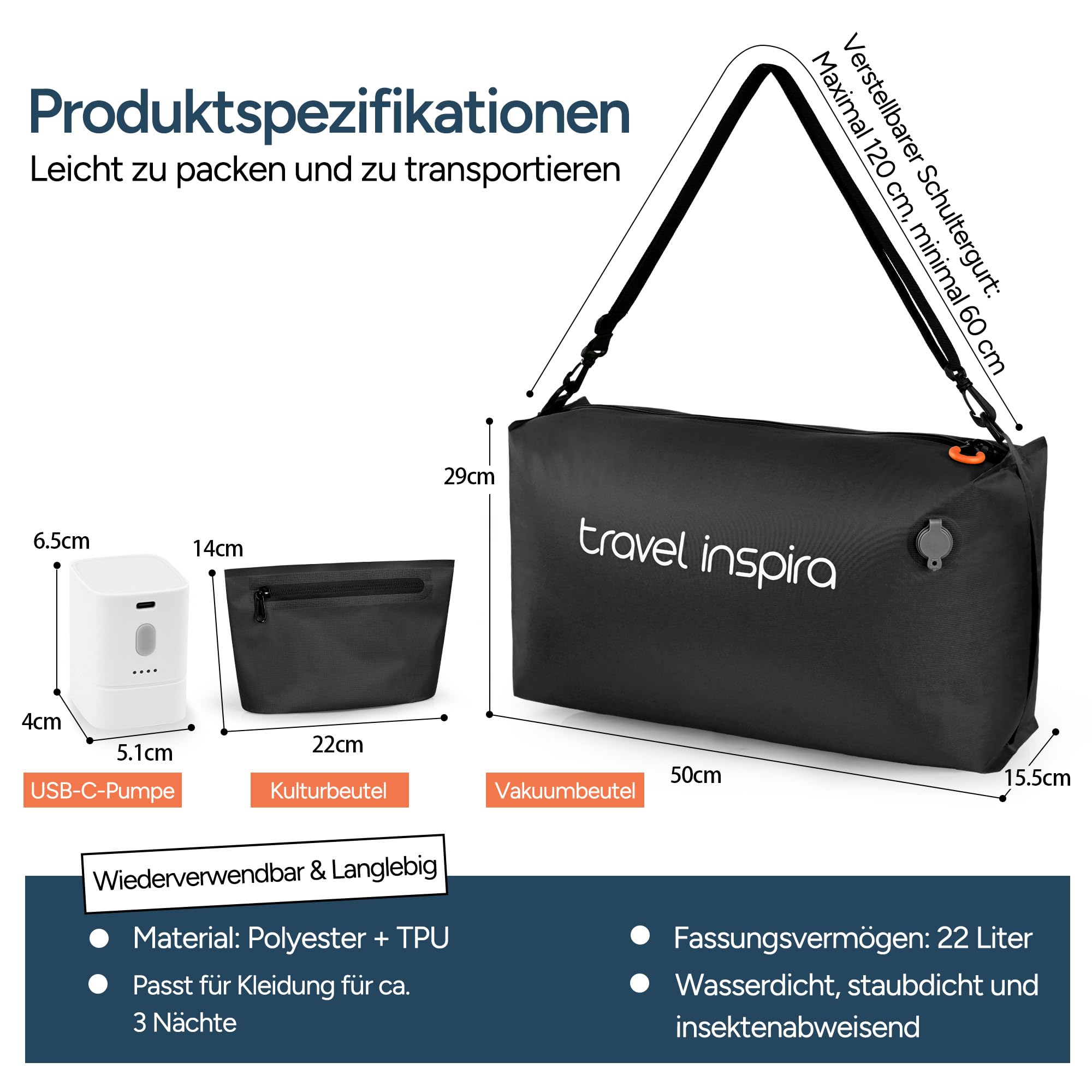 travel inspira 2X TPU Vakuumbeutel für Kleidung Wasserdichtes Reisebeutel | TPU 22L 50% Platzsparend USB-C Aufladbare Pumpe 4500Pa mit Einzelnem Waschbeutel Wiederverwendbar Aufbewahrung & Organisation