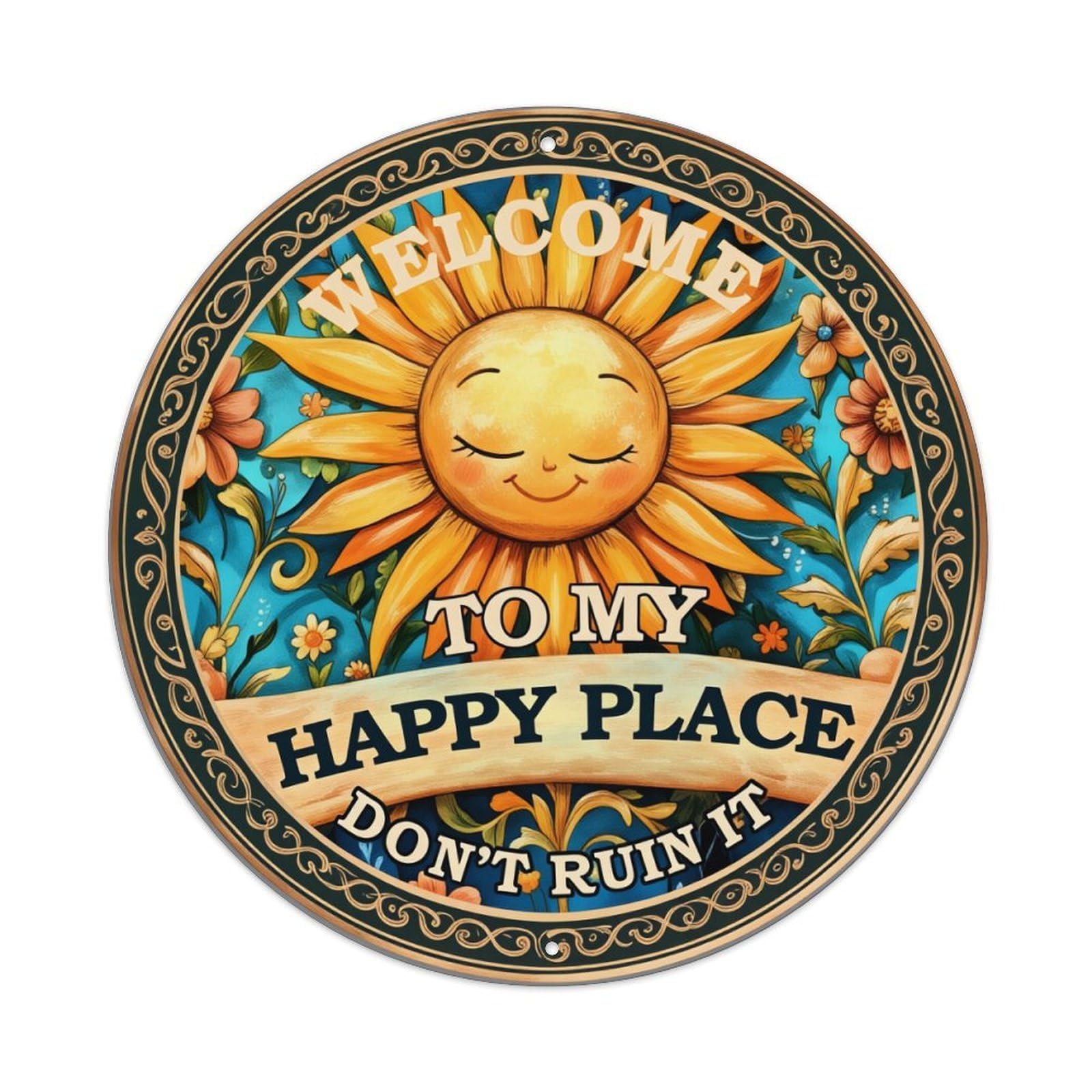Sunflower Smile Welcome Sign Art Round Tin Sign Retro Metal Sign for Cafe Bar Pub Home Game Room Gym Club Wall Decoration Vintage Metal Poster 8x8 Inch