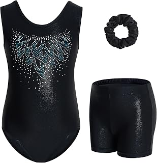 Conjunto de gimnasia de tres piezas para niña, cuello en Y, sin mangas, con pantalones cortos y diadema, traje de gimnasia con diseño de bloques de color azul y morado, 3-12 años