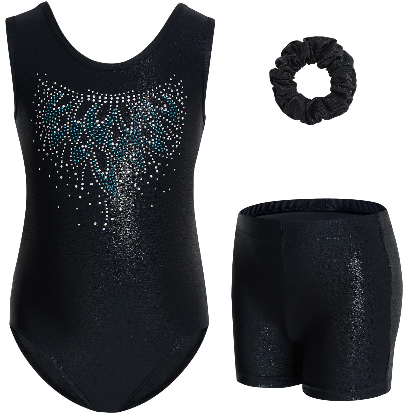 Gogokids Conjunto de gimnasia de tres piezas para niña, cuello en Y, sin mangas, con pantalones cortos y diadema, traje de gimnasia con diseño de bloques de color azul y morado, 3-12 años — view 32