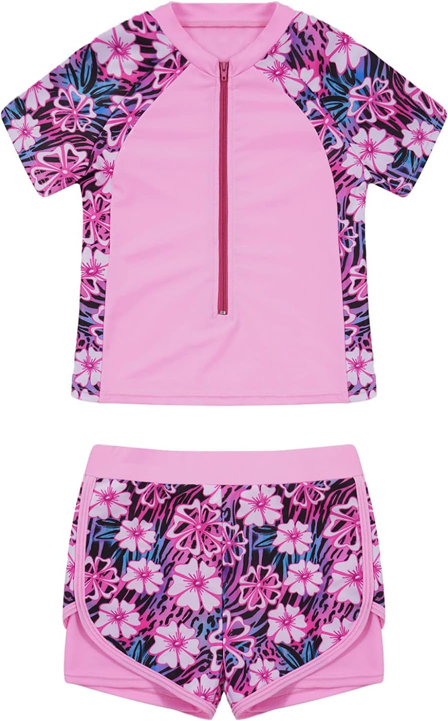 TTAO Little Kid Girls Two Pieces Swimsuit Rash Guard Set Short Sleeve Bathing Suit UPF 50+ Sun Protection
