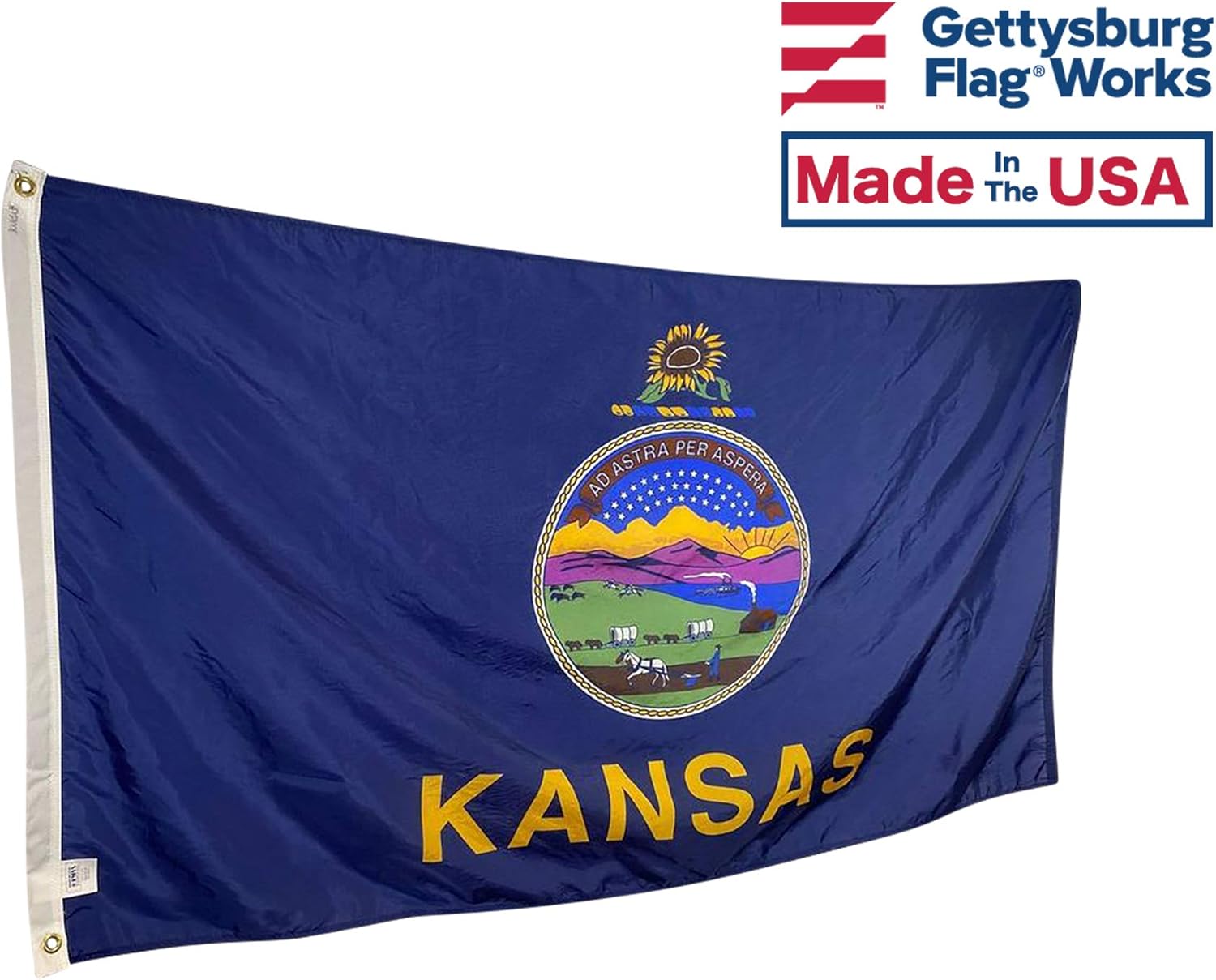 2x3' State of Kansas Flag - All Weather Nylon & Reinforced Fly End Stitching - Made in USA