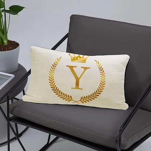 Miniatura 3 de Fundas de almohada lumbar con corona de rama de olivo dorado de 11.8 x 19.7 in, letra inicial Y con corona, funda de almohada de lino y algodón,