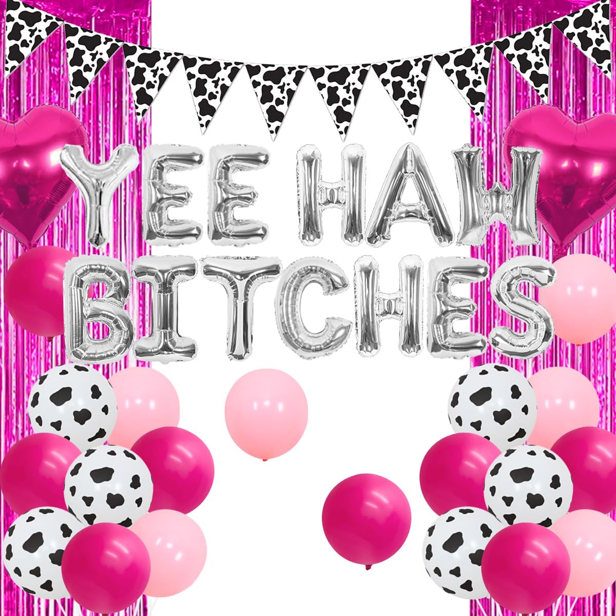 Sursurprise Western Hen Party Decorations, Silver Yeehaw Bitches Balloon Cow Print Pennant Banner