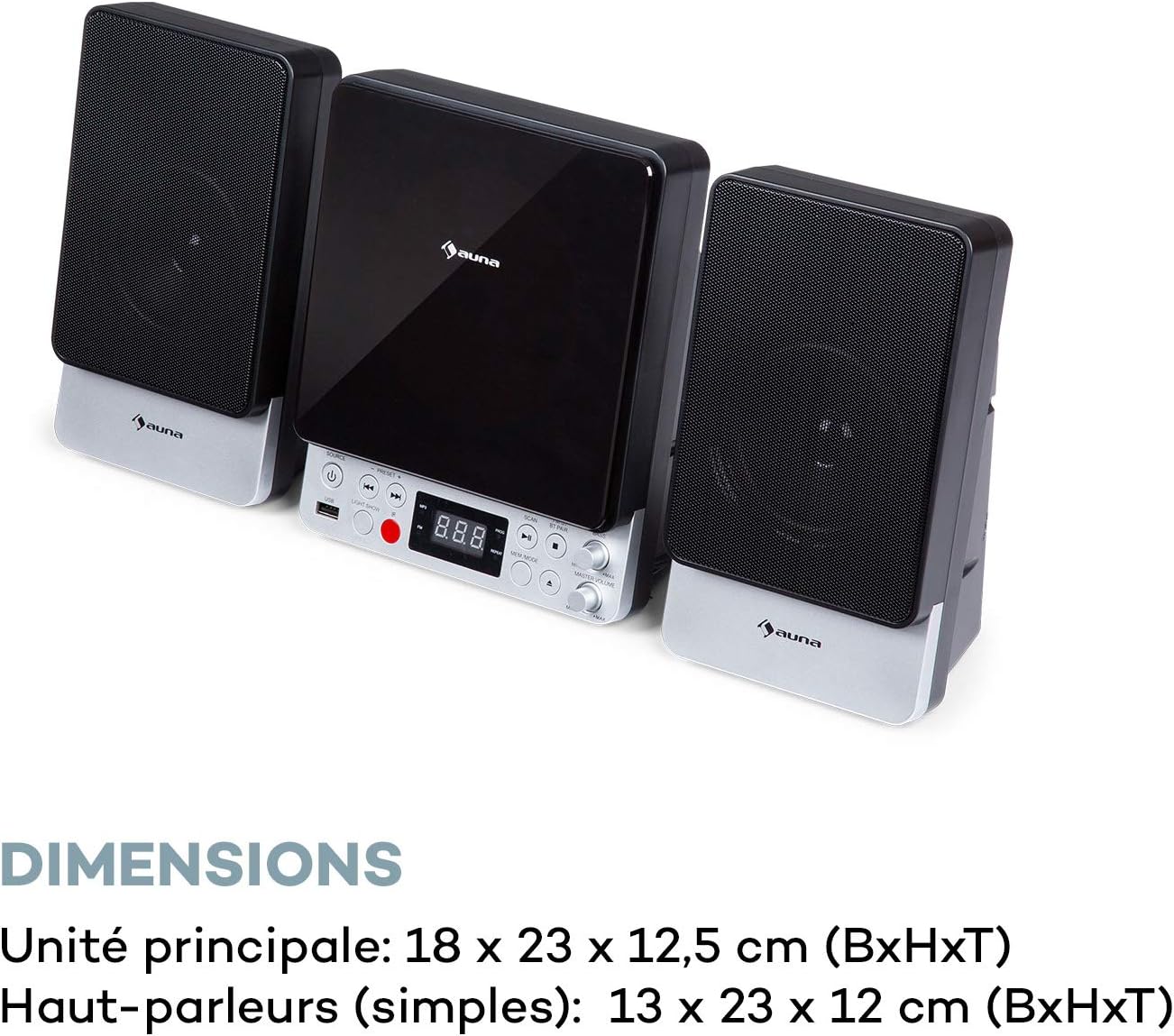 Image displaying the dimensions of the AUNA Microstar Sing main unit and its speakers.