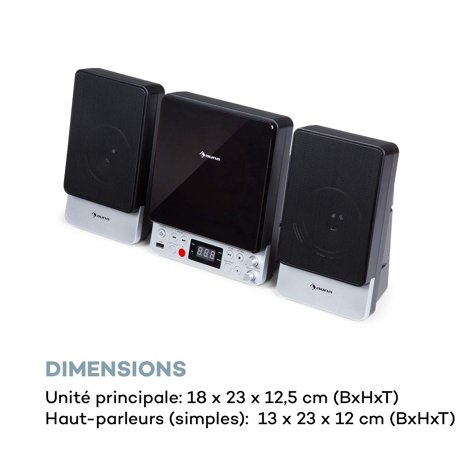 AUNA Microstar Sing - chaîne karaoké Verticale Micro système, Lecteur CD, Bluetooth, Enceintes stéréo, Port USB, Tuner FM, entrée/Sortie vidéo AUX, écran LCD, éclairage LED - Argent
