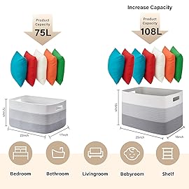 OIAHOMY 108L Large Cotton Rope Basket, Rectangle Woven Baskets for Storage, Nursery Blanket Storage Living Room, Toy Basket With Handle-25x16x16-Gradient Grey