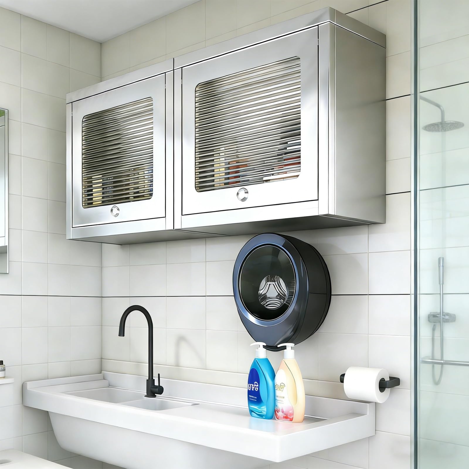 Armadietto portaoggetti da parete, senza adesivo per trapano, impermeabile, in acciaio inox, con porta in vetro, per bagno, design salvaspazio