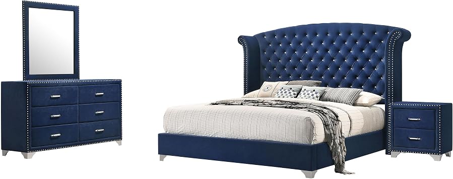Coaster Home Furnishings Melody Modern Classic 4-Piece Bedroom Set Velvet Upholstered Eastern King Size Wingback Bed Frame 66-inch Headboard Pacific Blue 223371KE-S4