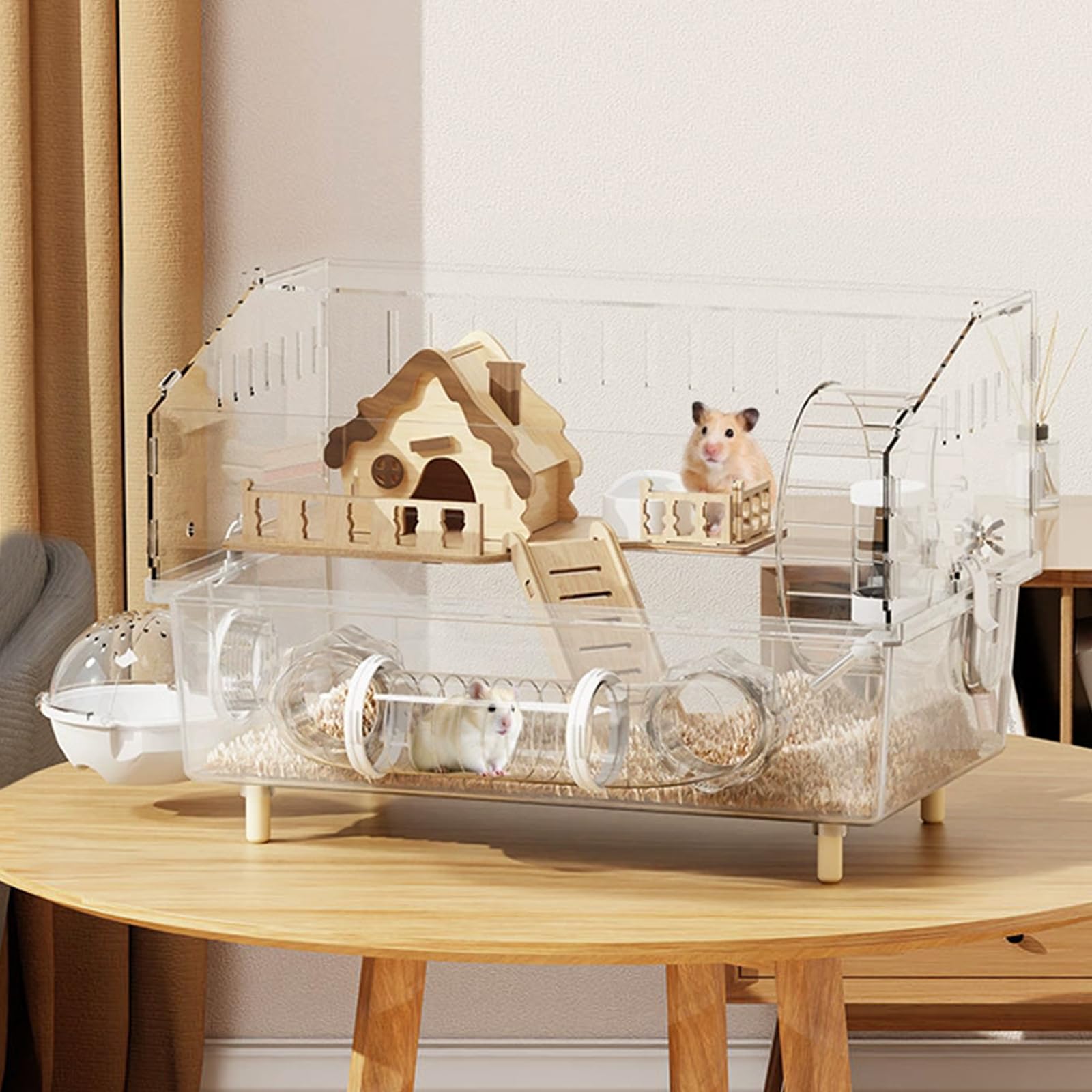 Gabbia per criceti in acrilico con accessori, trasparente gabbia per roditori 45×30×33 cm con ruota, tunnel, casetta in legno, abbeveratoio e ciotola per cibo – Grande gabbia per piccoli animali per