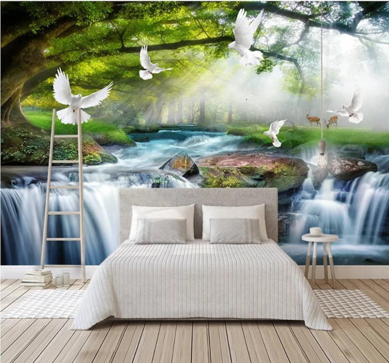 Fresh Forest River Waterfall Landscape 3D Wallpaper Easy Install Feature Office Living Room Sofa Bedroom TV Background Wall Decoration-250cm×170cm