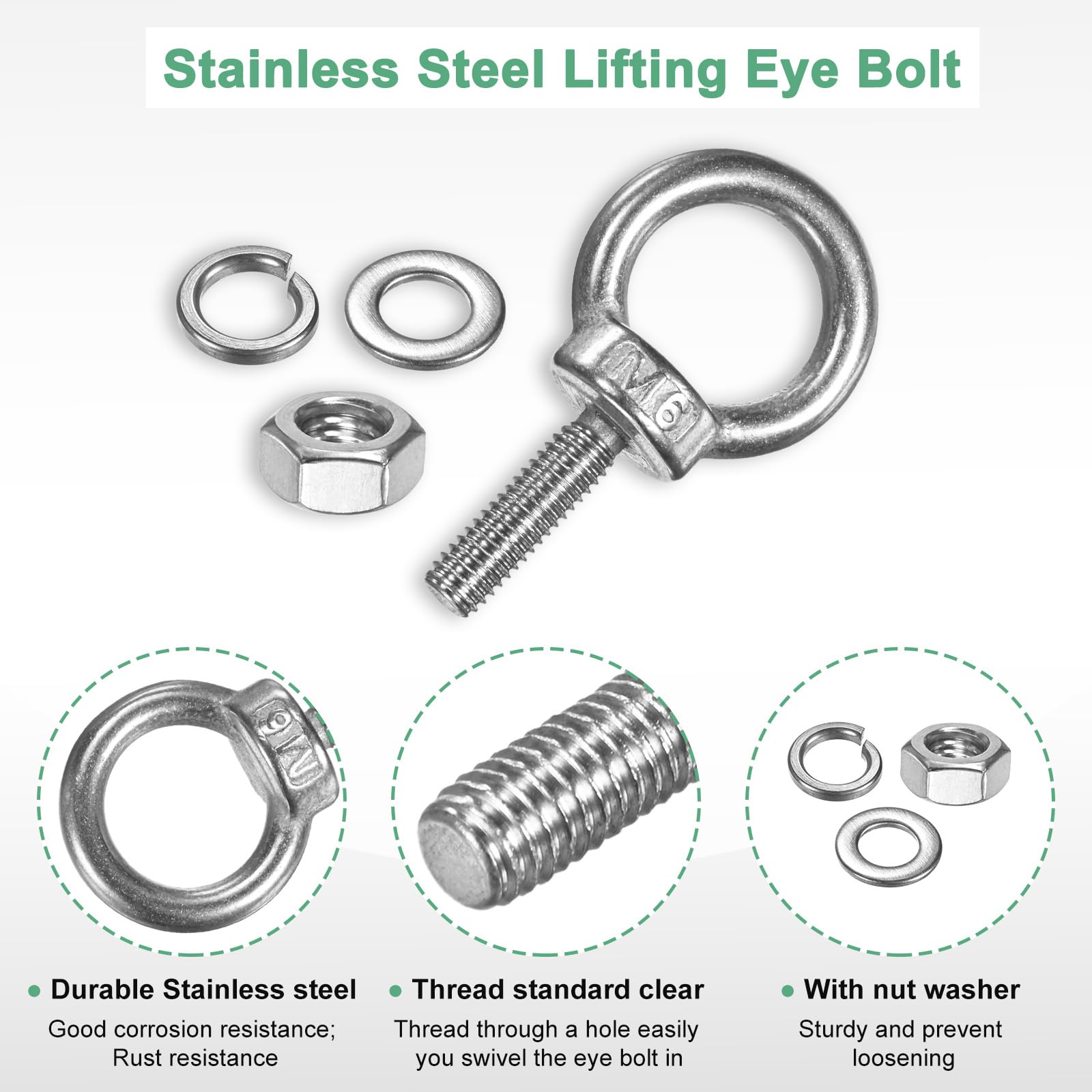 M METERXITY 4-Sets Stainless Eyebolt M6x20mm Shoulder Lifting Eye Bolt with Nuts Washers Male Screw Thread Ring Shoulder Eye Bolts Length 0.79 Inch for Suspending/Fastening - Image 2