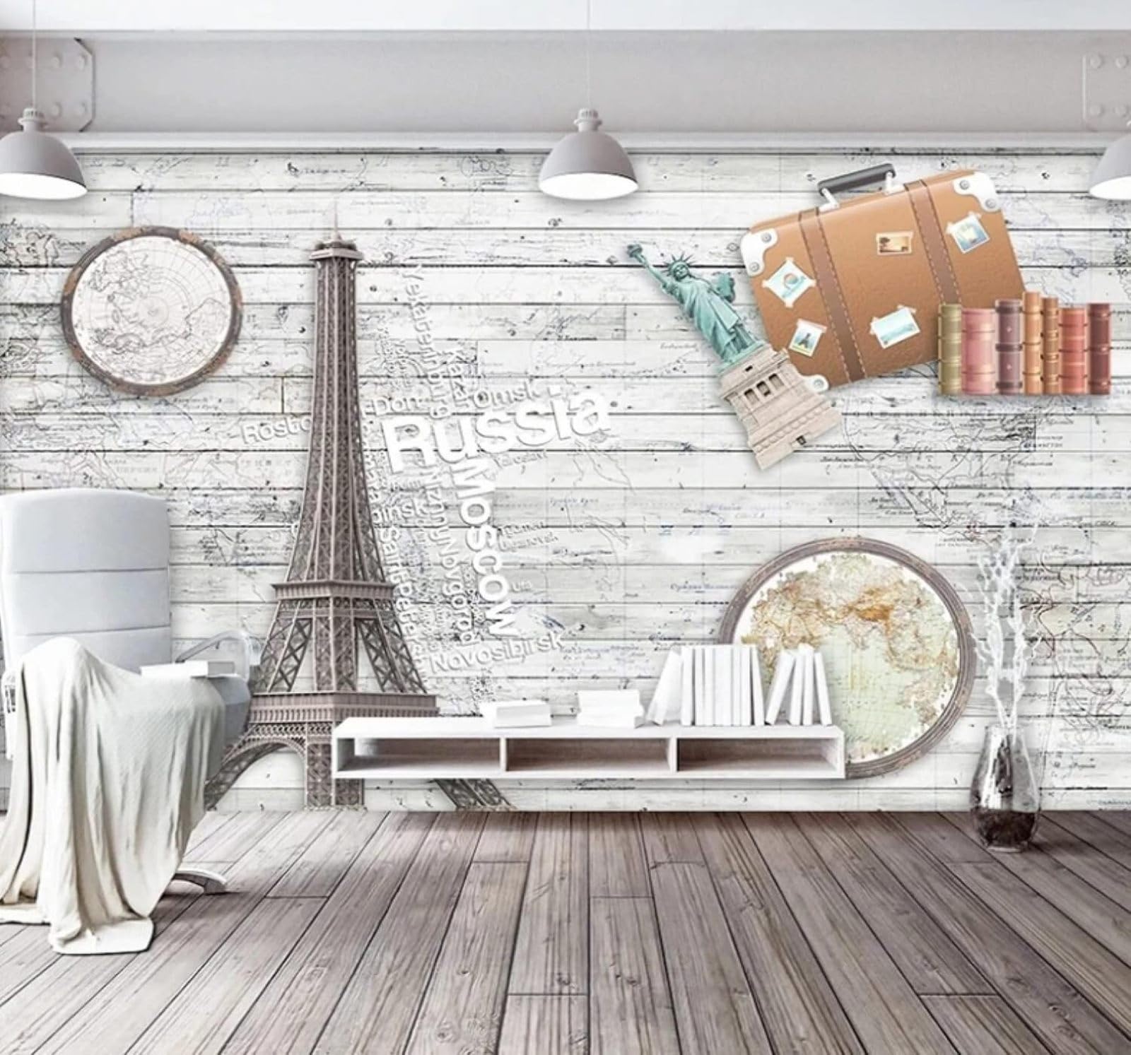 XLMING Retro Wood Grain Tower World Map Pattern 3D Wallpaper Luxury Home Dining Decor Paste Sofa Living Room The Wall for Bedroom Mural-300cm×210cm