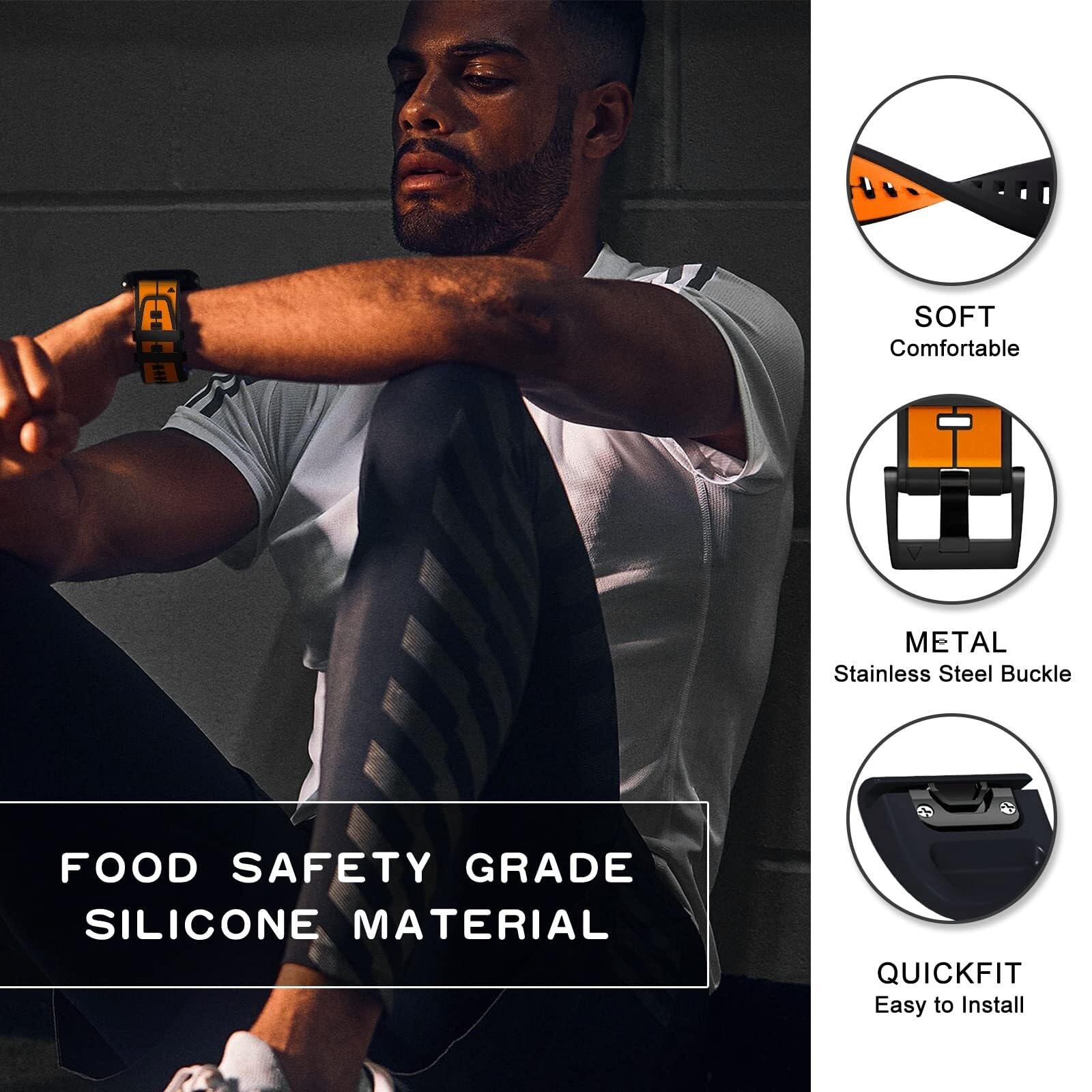 SERDAS For Garmin F?nix/Epix/Quatix/MARQ Series/Descent Series/D2 Series/Enduro/Tactix, Silicone Soft Breathable Waterproof Replacement Strap for QuickFit 22mm Watch Band(Orange Black,QuickFit 26mm)