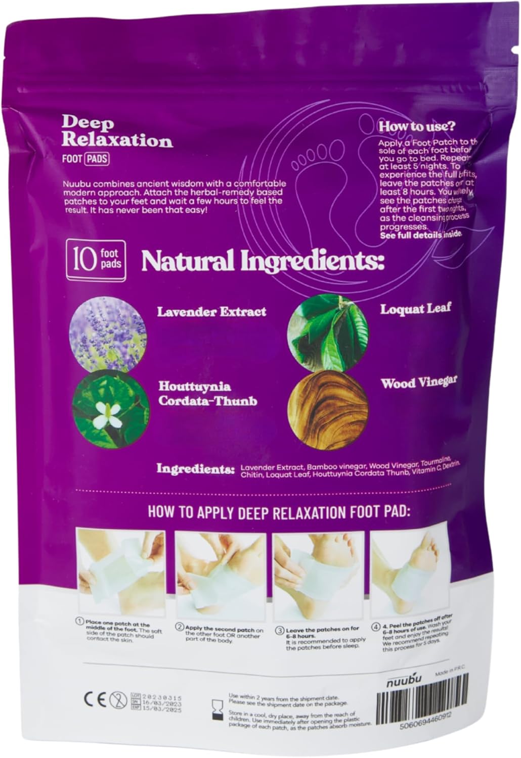 Nuubu Lavender Foot Pads - Natural Japanese Herbal Foot Patch - Pack of 10
