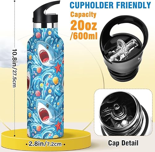 Miniatura 2 de Botella de agua para niños para la escuela, botella de agua de acero inoxidable para viajes o escuela, 20 onzas, sin BPA, lindos tiburones