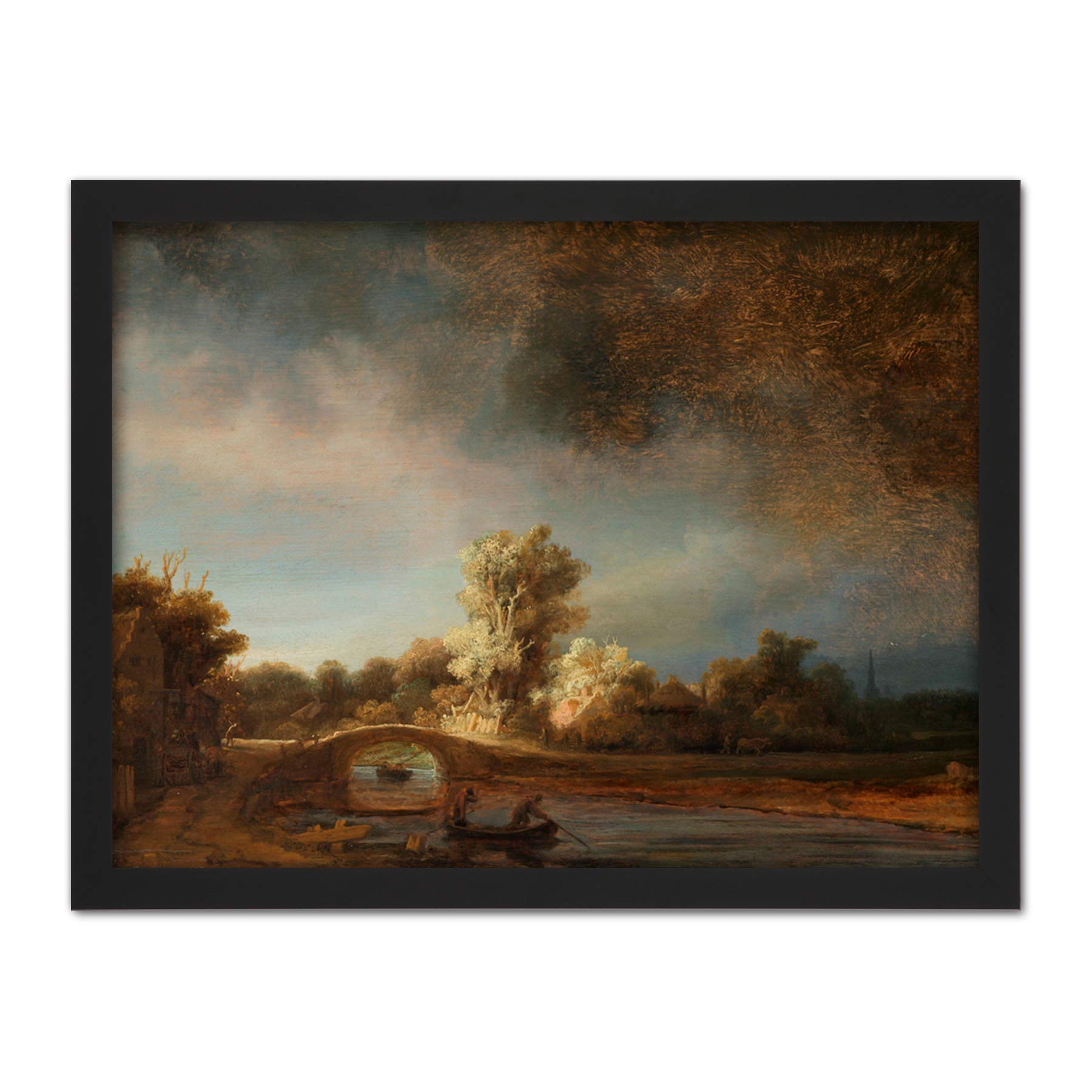 Artery8 Rembrandt Landscape With A Stone Bridge Landscape Artwork Framed Wall Art Print 18X24 Inch