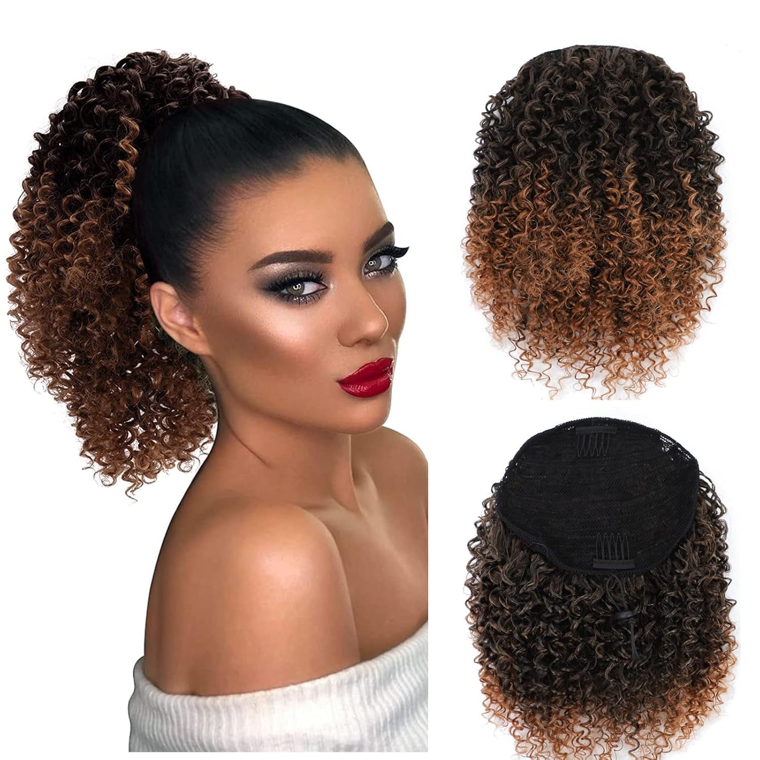 fallsea Drawstring Ponytail for Black Women Curly Brown Ponytail Extension for Black Women Synthetic Hair Extensions Short Afro Curly Ponytail Hair