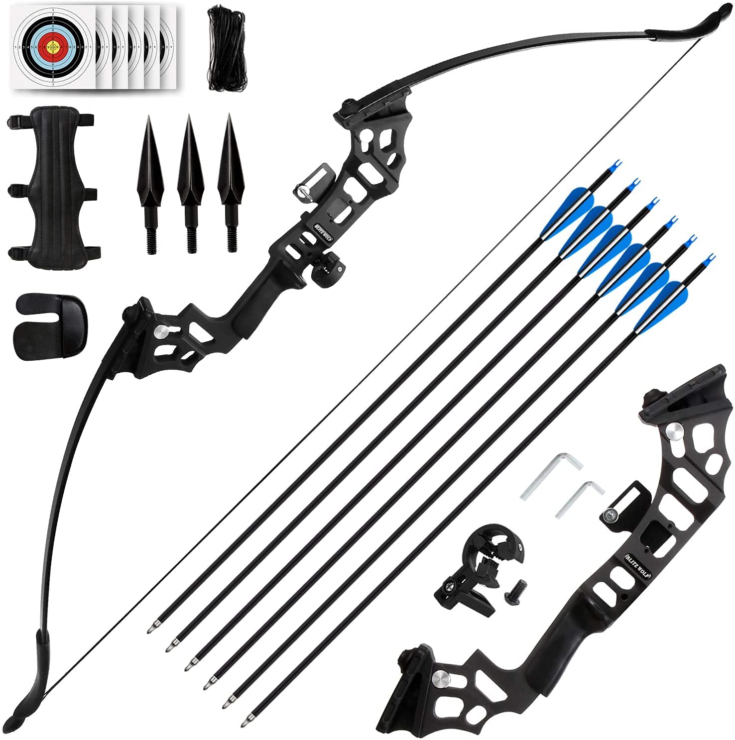 BZTANG 30/40LBS Recurve Bows Archery Set,Survival Longbow Right Hand with Used for Recurve Bow Target Practice Outdoor Hunting Archery Carbon Arrows and Armguard and Finger Tab (40LBS)