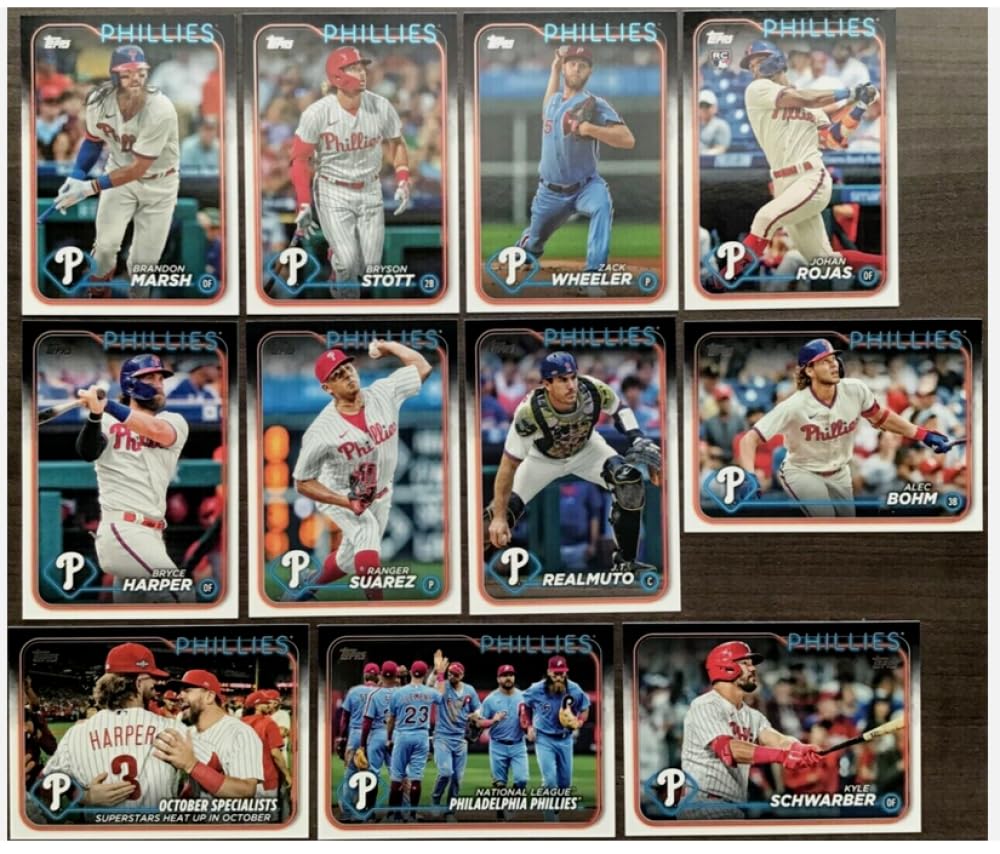 2024 Topps Series 1 Baseball Philadelphia Phillies Base MLB Hand Collated Team Set in Near Mint to Mint Condition of 11 Cards #71 Brandon Marsh #126 Philadelphia Phillies #136 Kyle Schwarber #139 Bryson Stott #194 J.T. Realmuto #200 Bryce Harper #209 Johan Rojas RC Rookie #229 Ranger Suarez #262 Zack Wheeler #266 Alec Bohm #275 Bryce Harper Straight from Box and Pack to Team Bag