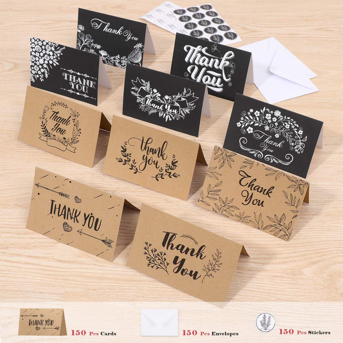 Amosfun 150pcs Dankeskarten Set Kraftpapier Grußkarten Notizen Danke Umschläge und Aufkleber für Weihnachten Hochzeit Geburtstag Babyparty