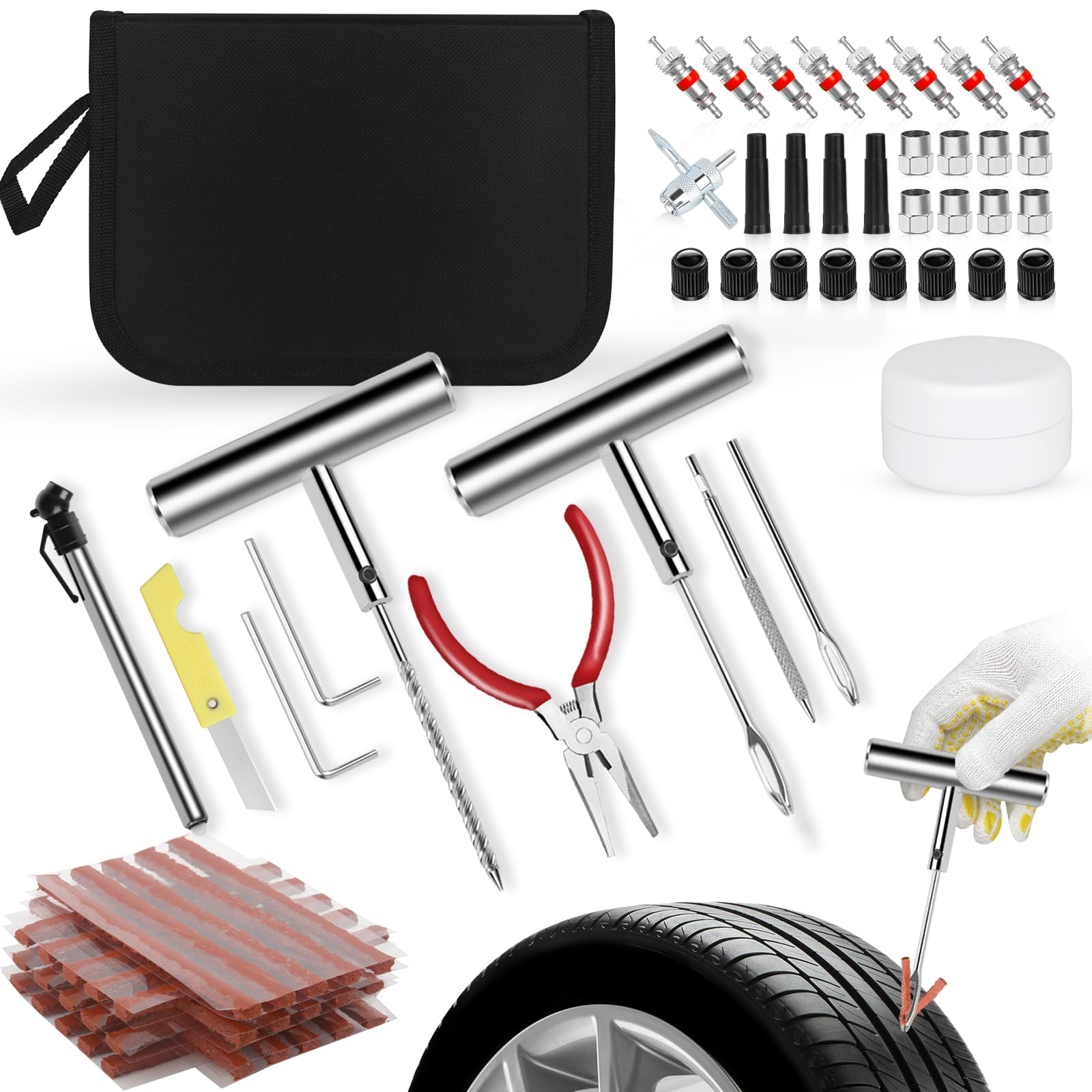 prettop Tyre Repair Kit,Heavy Duty Tyre Puncture Repair Kit,70pcs Tyre Plug  Kit,Suitable For Repairing Puncture Kit In Tubeless Car Tires Such As Cars