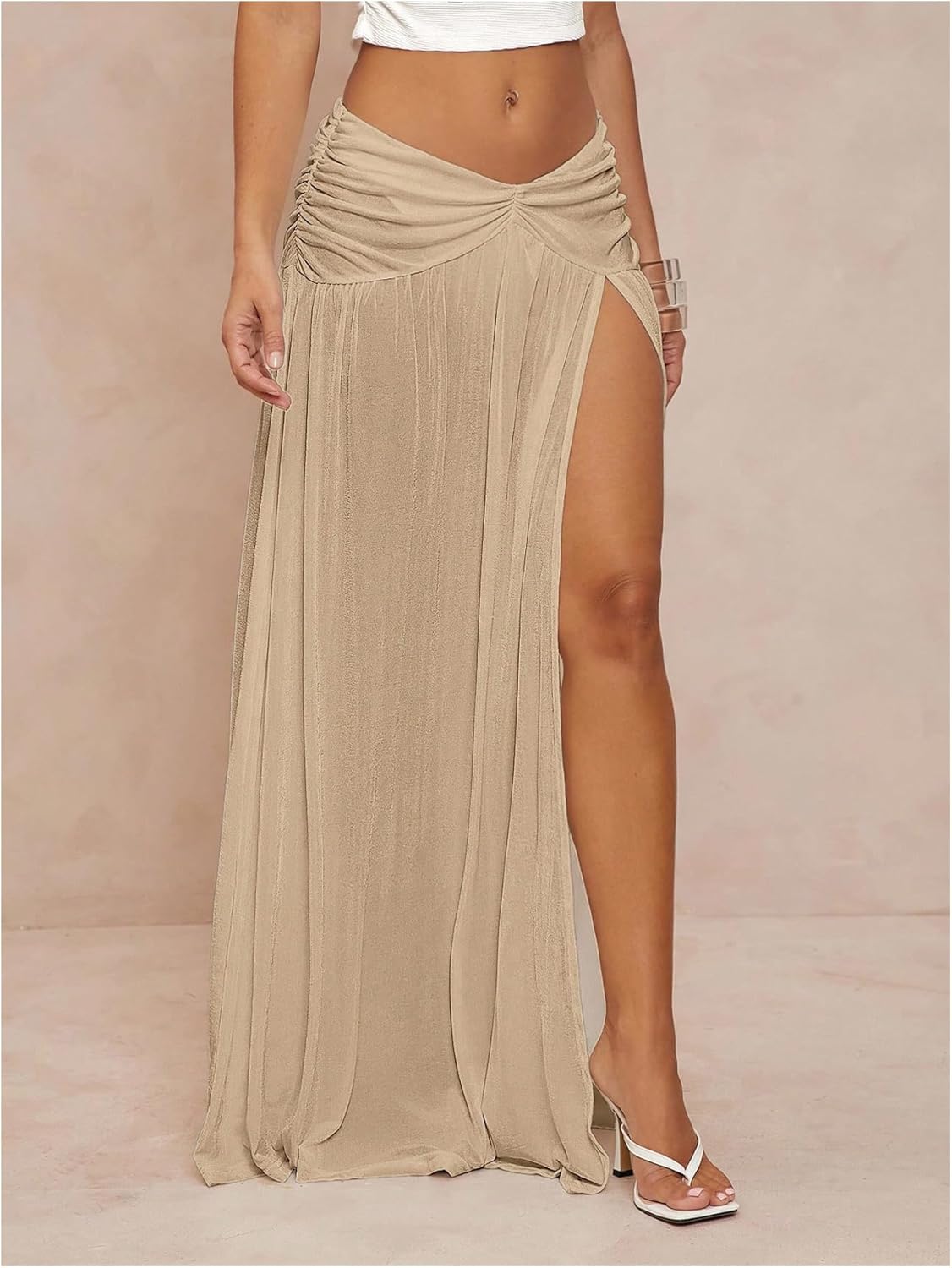 OYOANGLE Women's Ruched Slit Thigh Ruffle Maxi Skirt A Line Flared Mesh Sheer Long Skirts - Image 2