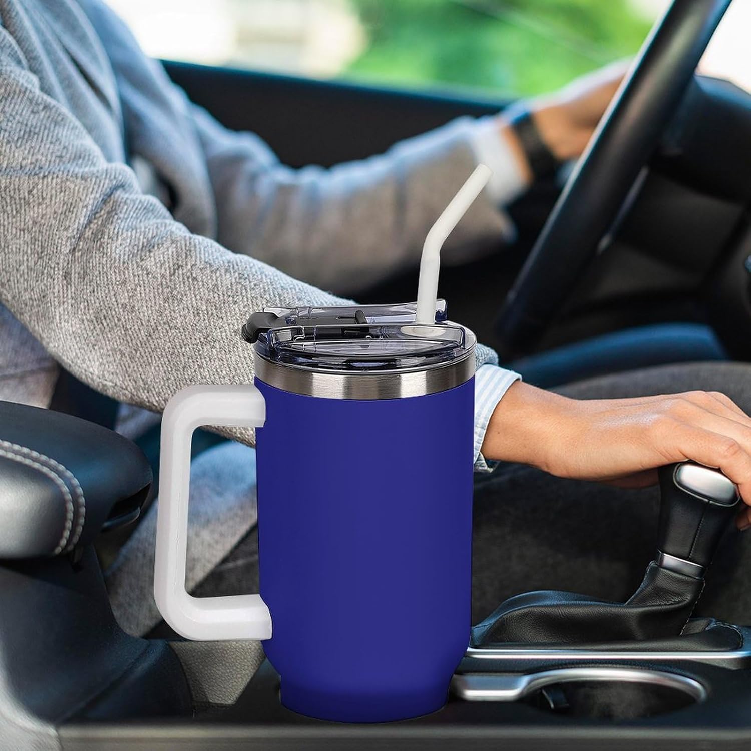 40oz Insulated Stainless Steel Tumbler with Handle, Royal Blue Leakproof Water Bottles Travel Mug with Lid And Straw for Water, Iced Tea Or Coffee, Suitable for Most Car Cup Holders