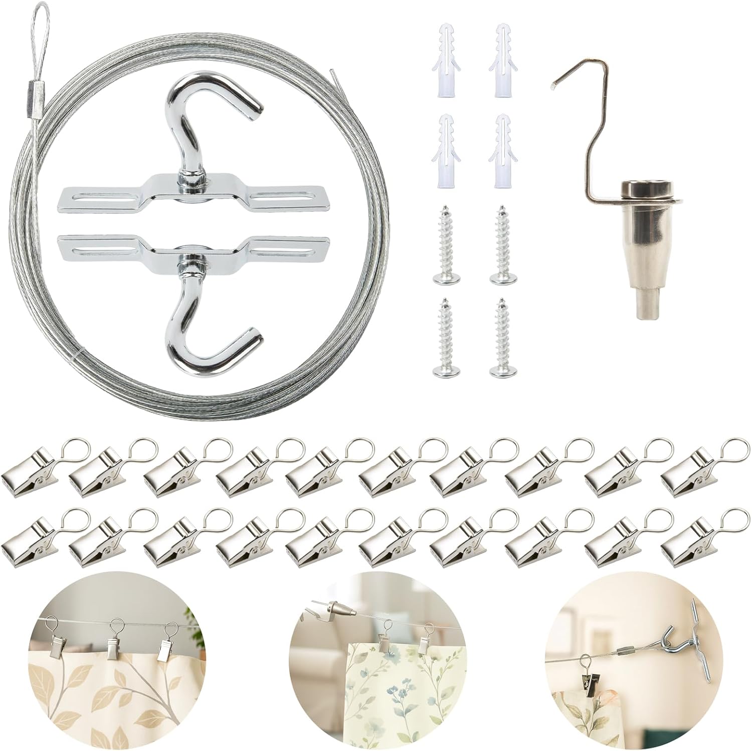 Wall Mount Curtain Wire Rod Set 16.5ft with 20 Clips – Stainless Steel Hanging Wire for Curtains, Photos, Notes, Artwork, and String Lights