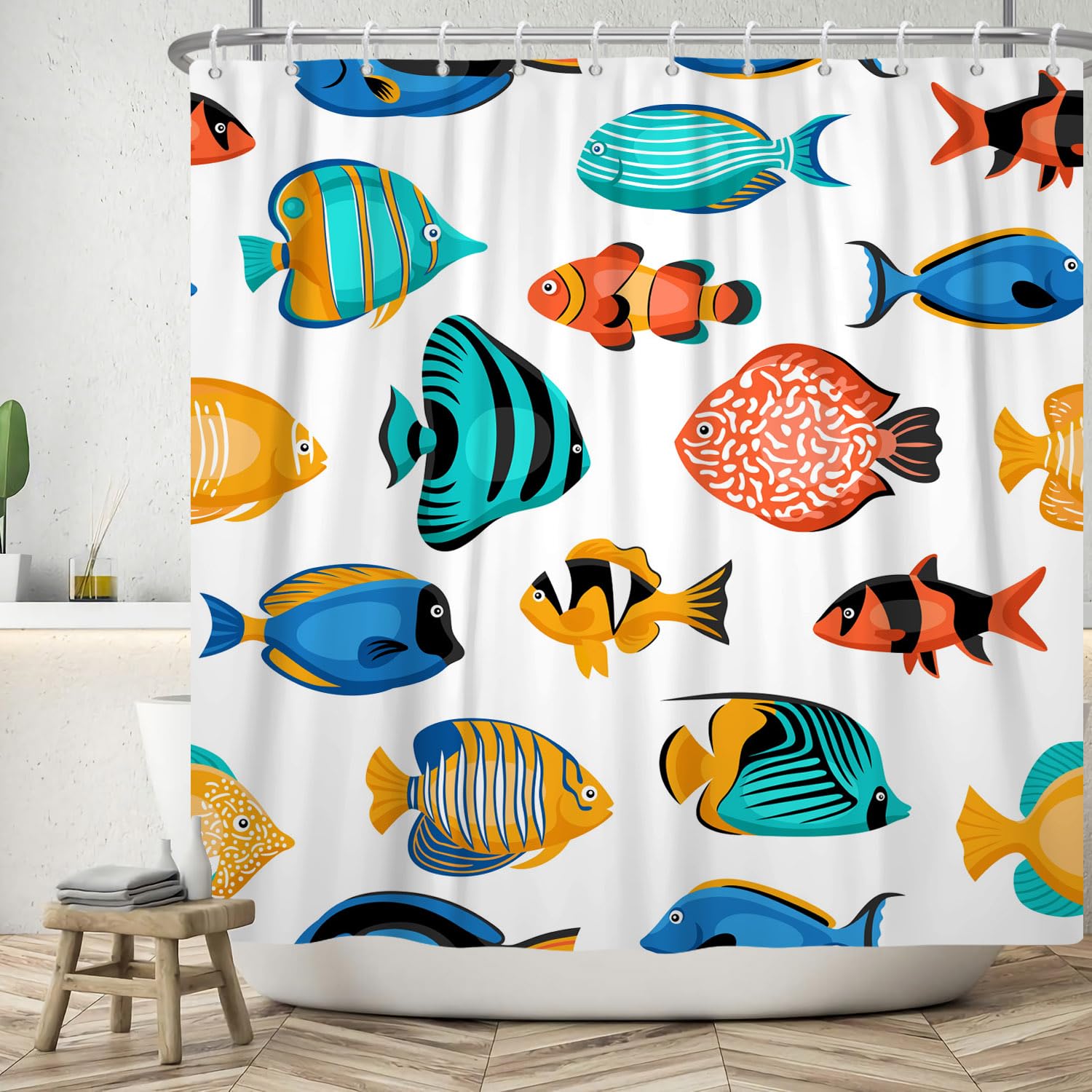 ASDCXZ Fish Shower Curtain 150x180 cm, Underwater World Colorful Ocean Animal Pattern Fish Summer Kids Washable Shower Curtains Polyester Textile Waterproof Shower Curtain for Bathtub with 10 Hooks — image 1