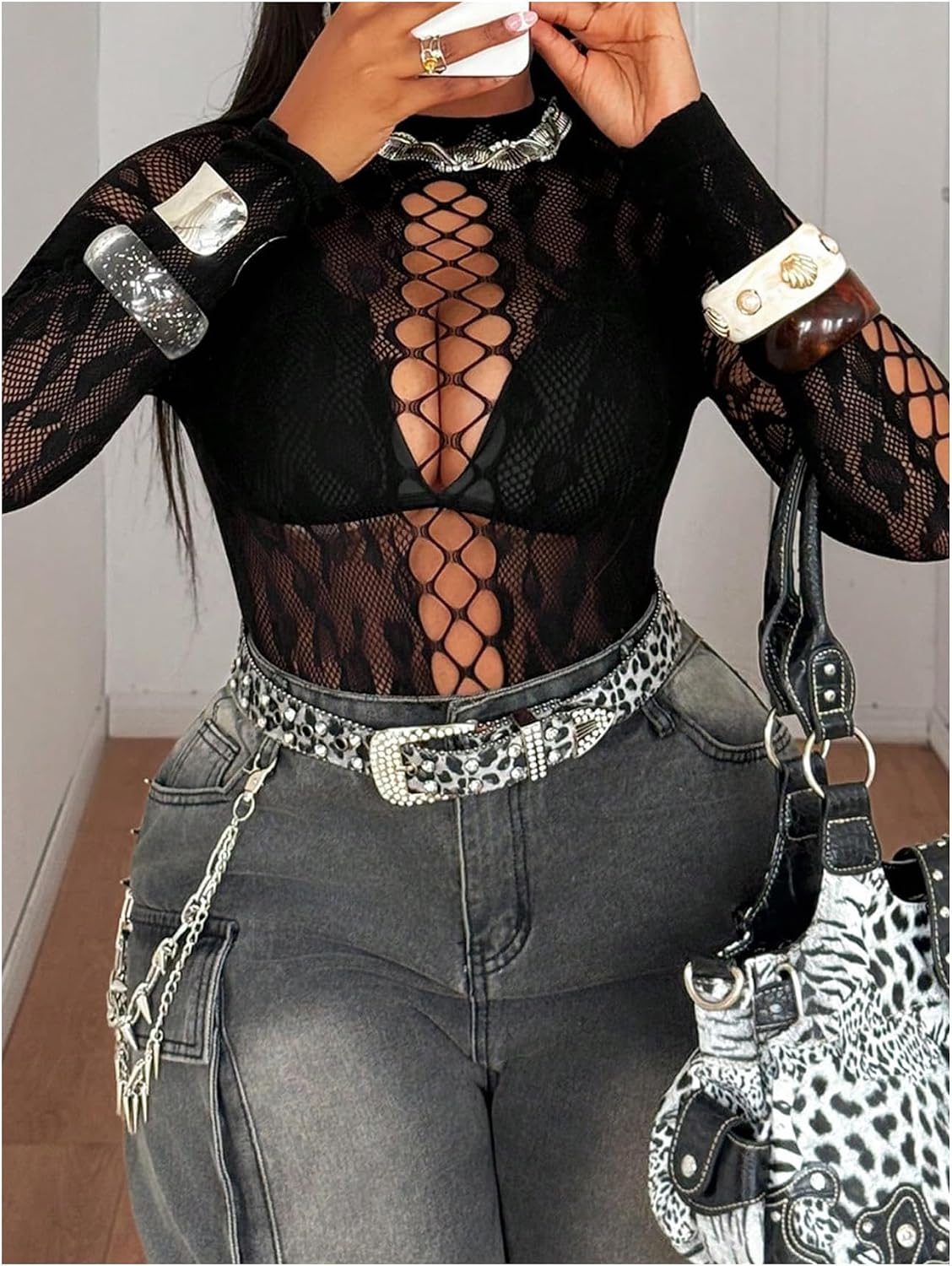 Milumia Women Plus Size Leopard Fishnet Bodysuit Hollow Out Long Sleeve Leotard Tops Club Outfits