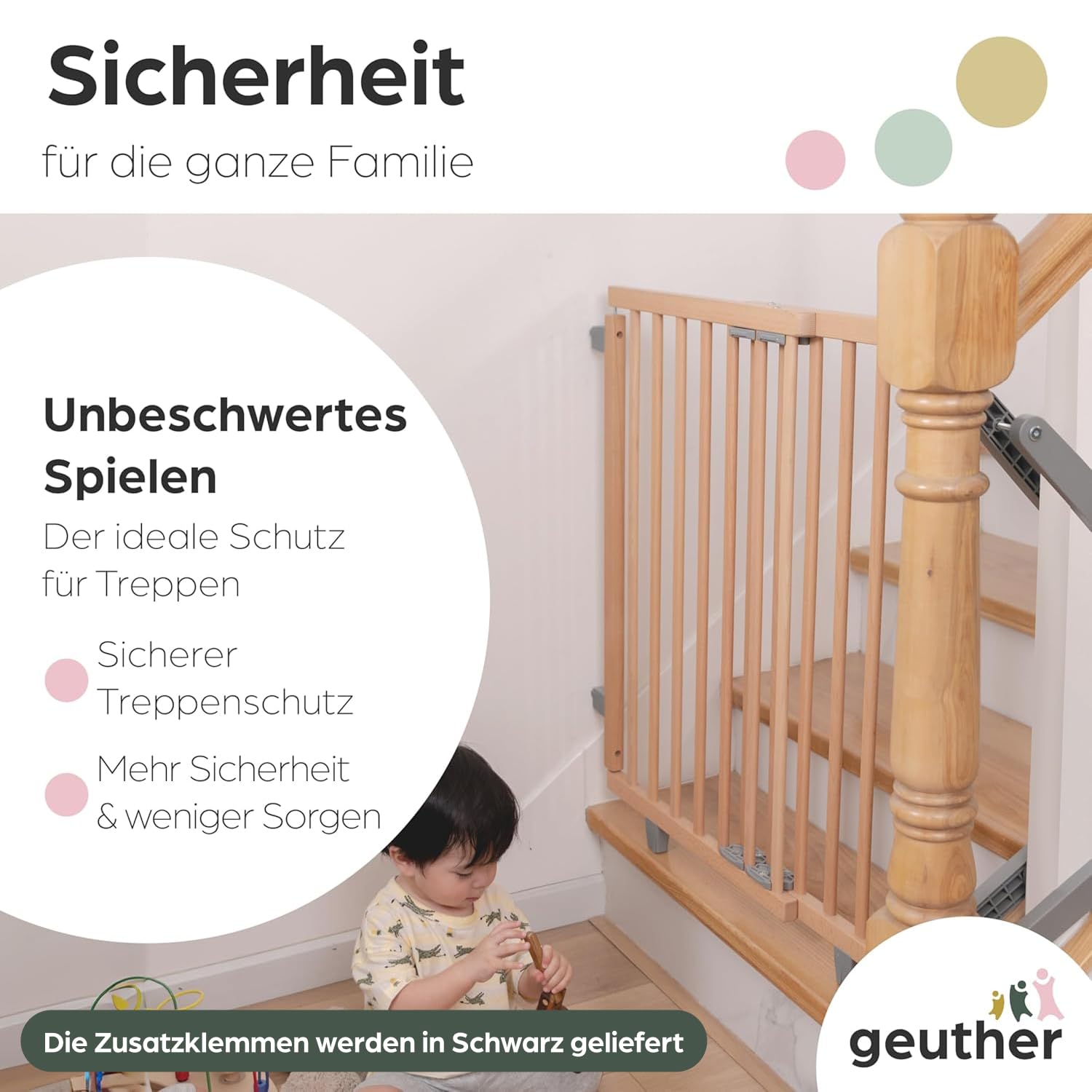 Geuther Treppenschutzgitter Oris | Türschutzgitter zum Anschrauben inkl. 2X Klemmen für Treppengeländer, Breite 95-135 cm | Stabiles Türgitter mit Schwenktür | Kindergitter Holz, Naturbelassen