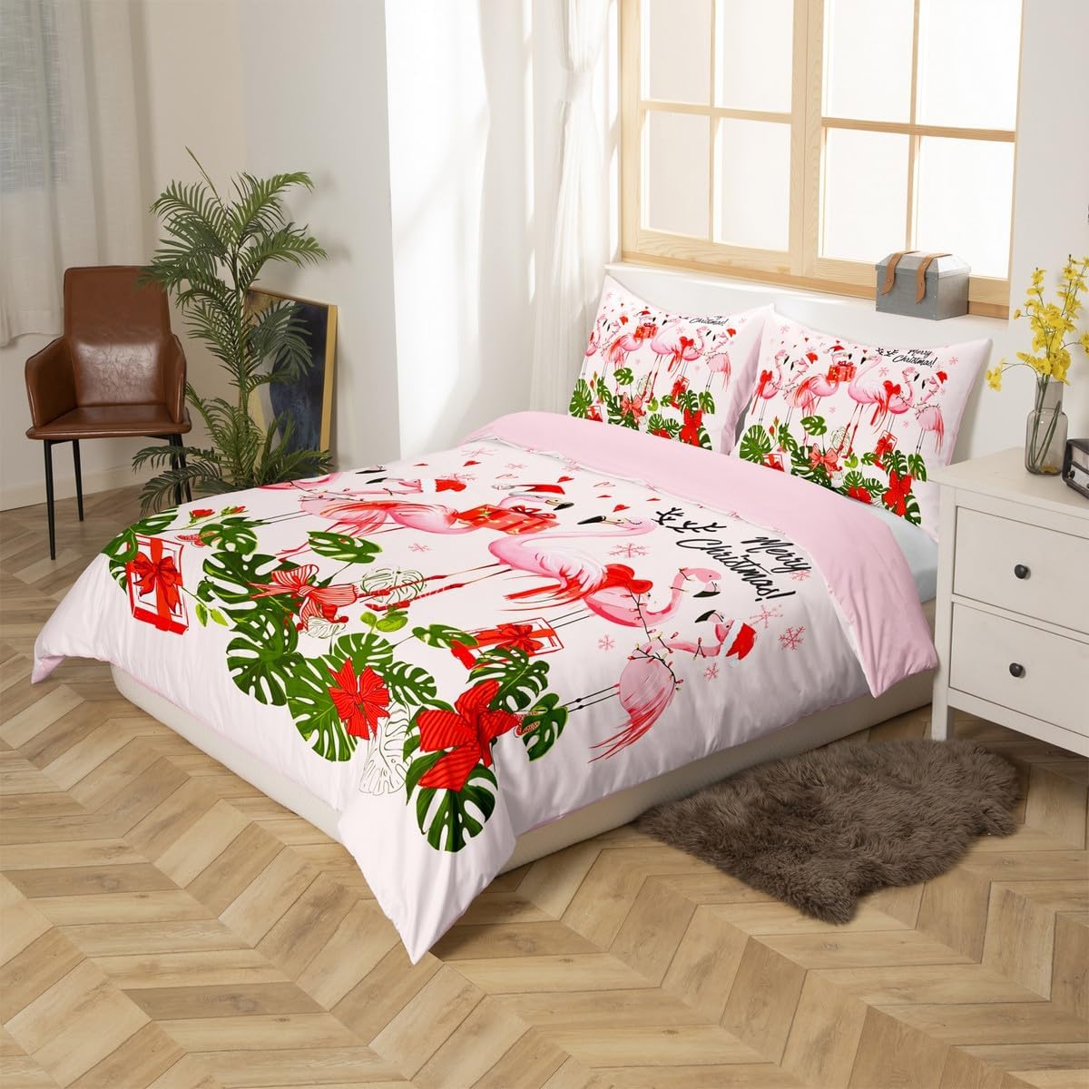 Merry Christmas Bedding Set King Size for Woman Men,Pink Flamingo Cartoon Bird Animal Comforter Cover with 2 Pillowcases,Winter Snowflake Green Leaves Duvet Cover Set Microfiber Quilt Cover
