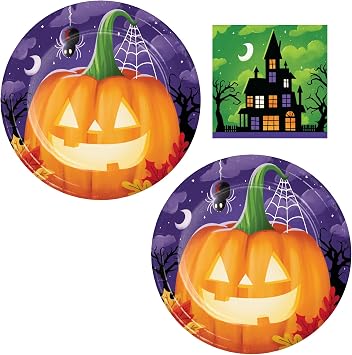 Party Creations Halloween Tableware Set for 16 Perfectly Pumpkin Design Jack-o-Lantern Dessert Plates & Haunted House Beverage Napkins