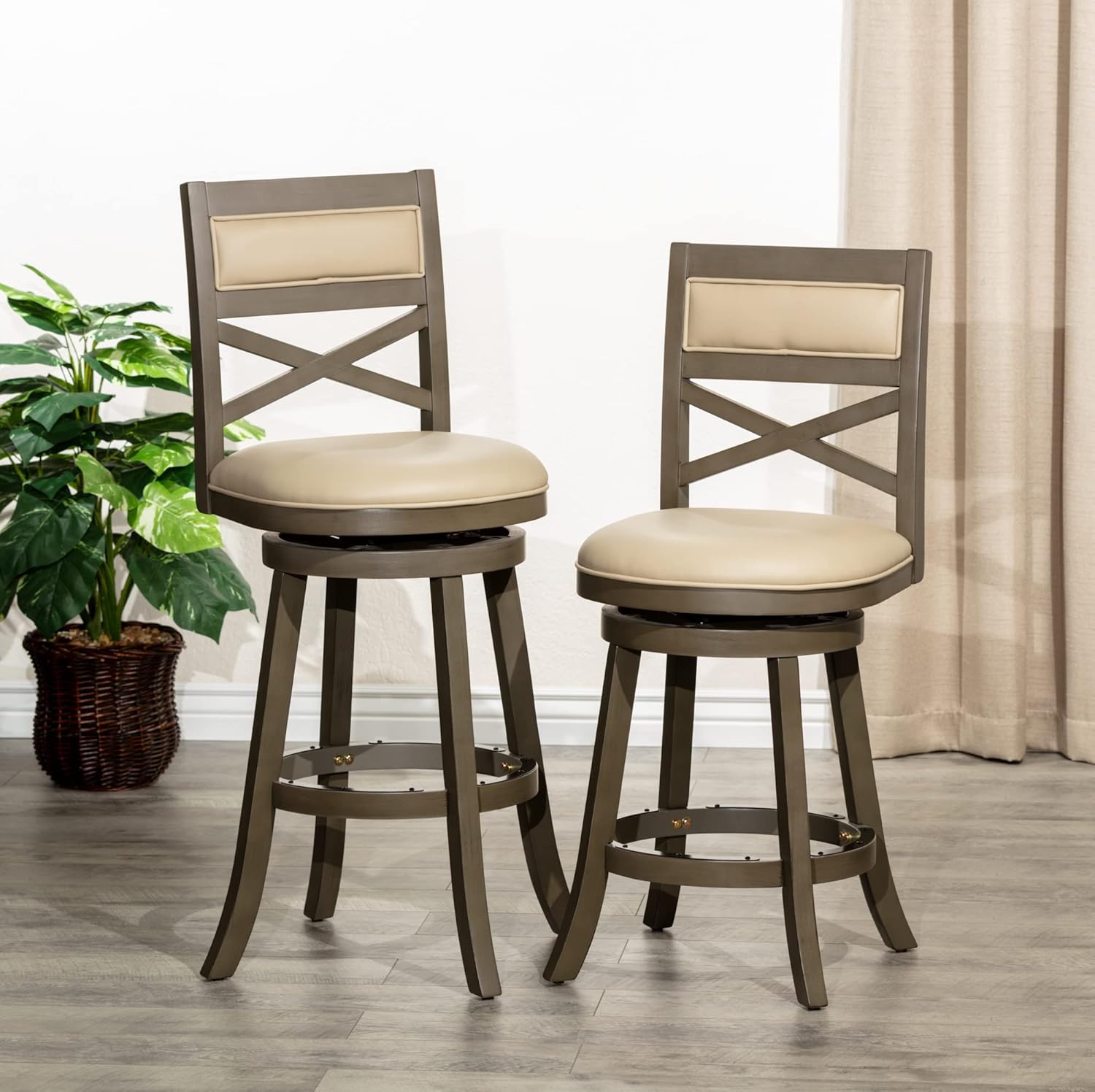 DTY Indoor Living Meeker X Back Fabric Swivel Stool, 30” Bar Height, Weathered Grey Finish, French Gray Leather Seat