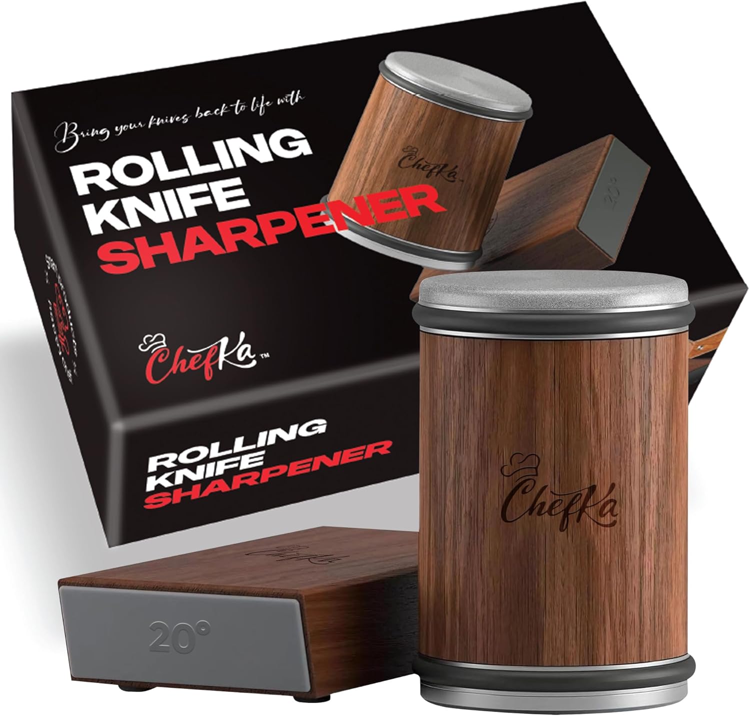 Rolling Knife Sharpener Kit w/Magnetic Angle Guide (15° & 20°) – Diamond Knife Sharpening System and Stainless Helix Honing Disk, Wooden Roller Tool for Kitchen, Chef, Pocket & Outdoor Knives