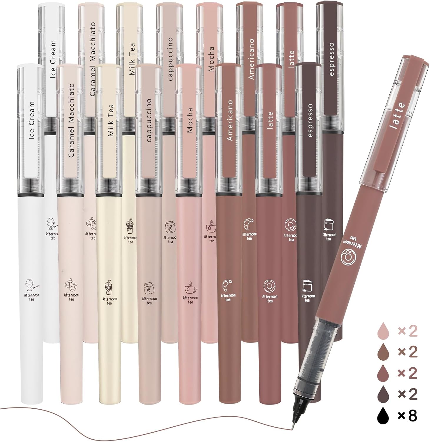 Aesthetic Cute Stick Colored Ink Gel Pen, Quick Dry Colored Liquid Ink Rollerball Pens, 0.5mm Fine Point Coffee Pens Soft Touch Smooth Writing for Painting Journaling School Supplies (16 Pack)