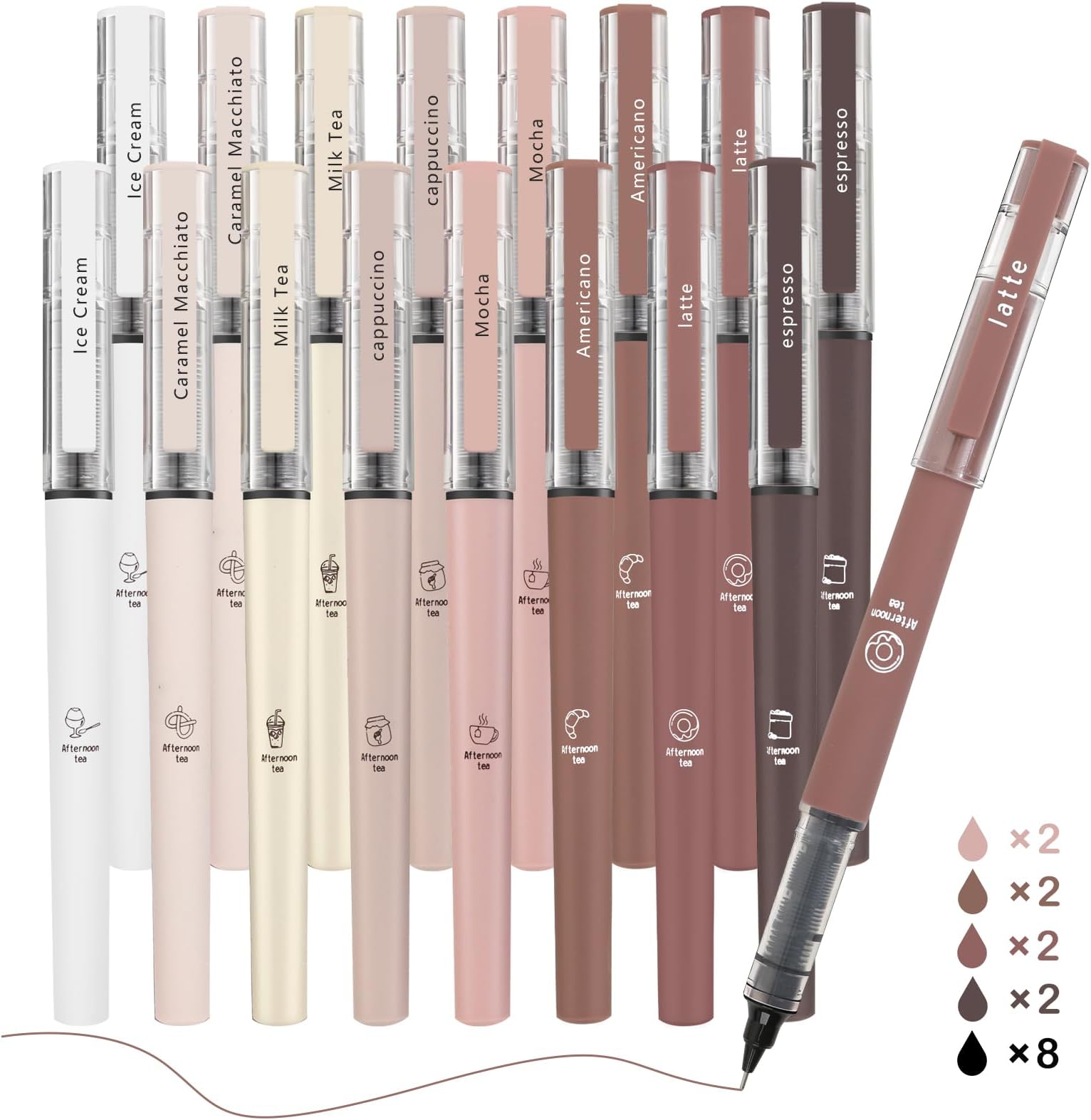 Aesthetic Cute Stick Rollerball Pens, 16pcs Quick Dry Colored Liquid Ink Pens, 0.5mm Fine Point Coffee Pens Soft Touch Smooth Writing for Journaling School Supplies (16 Pack, Multicolor Ink)
