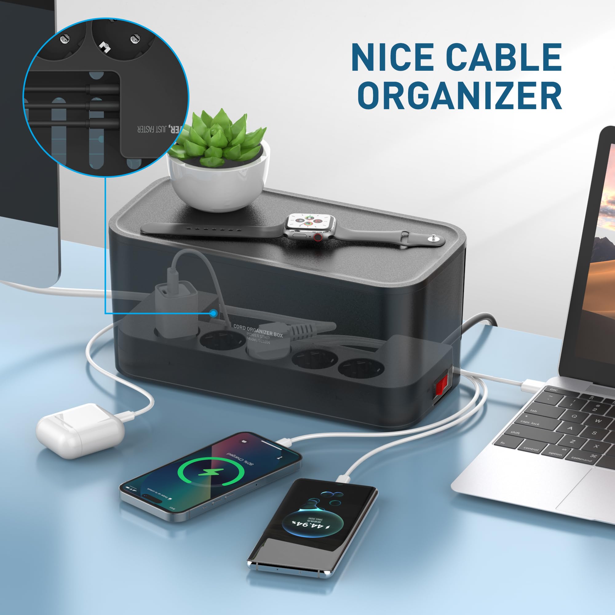 Scatola Porta Cavi con Ciabatta Multipresa USB, Presa Multipla 5 Prese con 3 USB, Adattatore per Presa per Scatola Portacavi (2500 W) con Cavo da 3 Metri, 29,5 * 14 * 14 cm, Nero