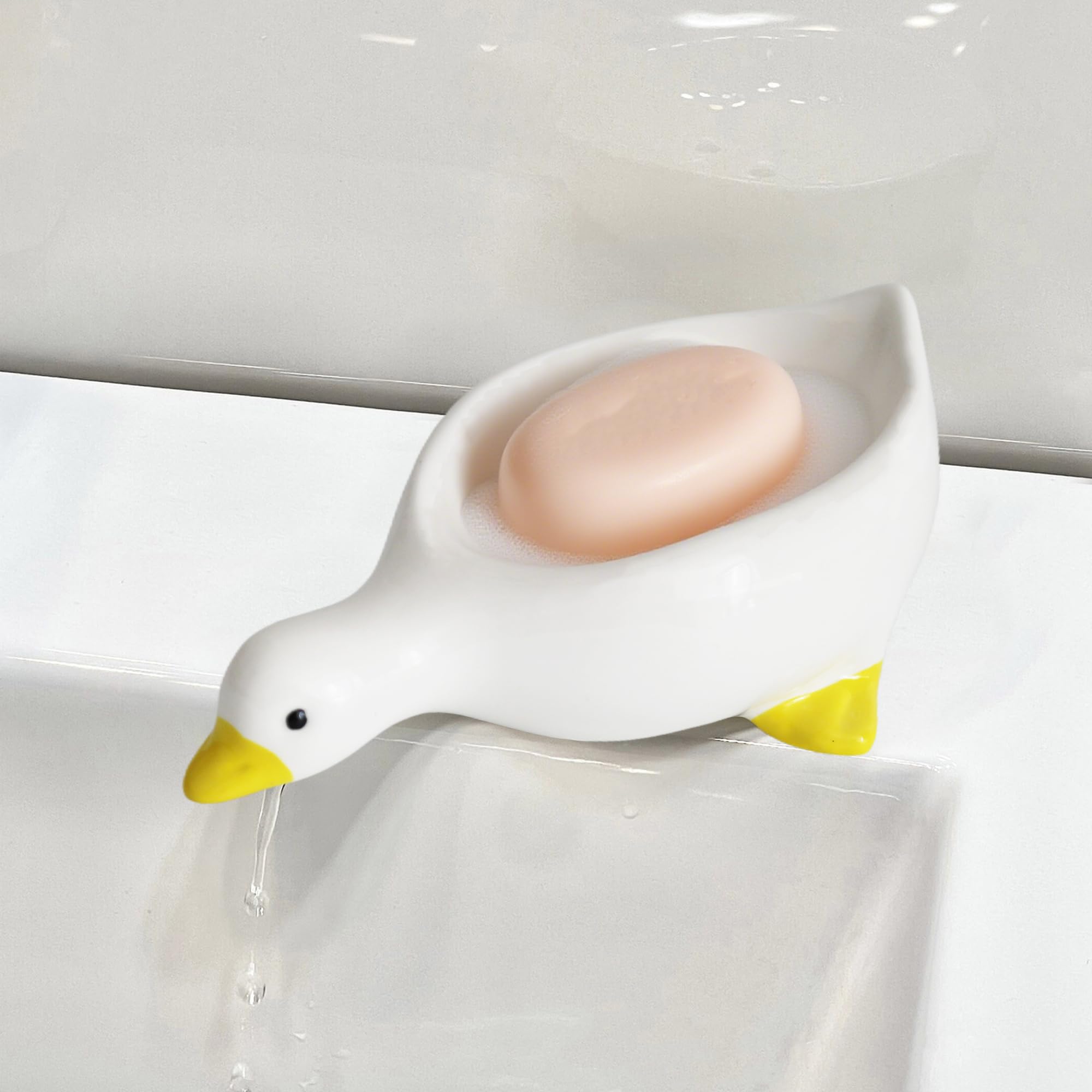 Cute Duck Ceramic Soap Dish with Drainage, Self-Draining, Non-Slip & Easy - Clean, Ceramic Soap Holder for Bathroom Kitchen, Ideal for Soap Sponge, Trinkets, Bathroom Decor Gift-image-47