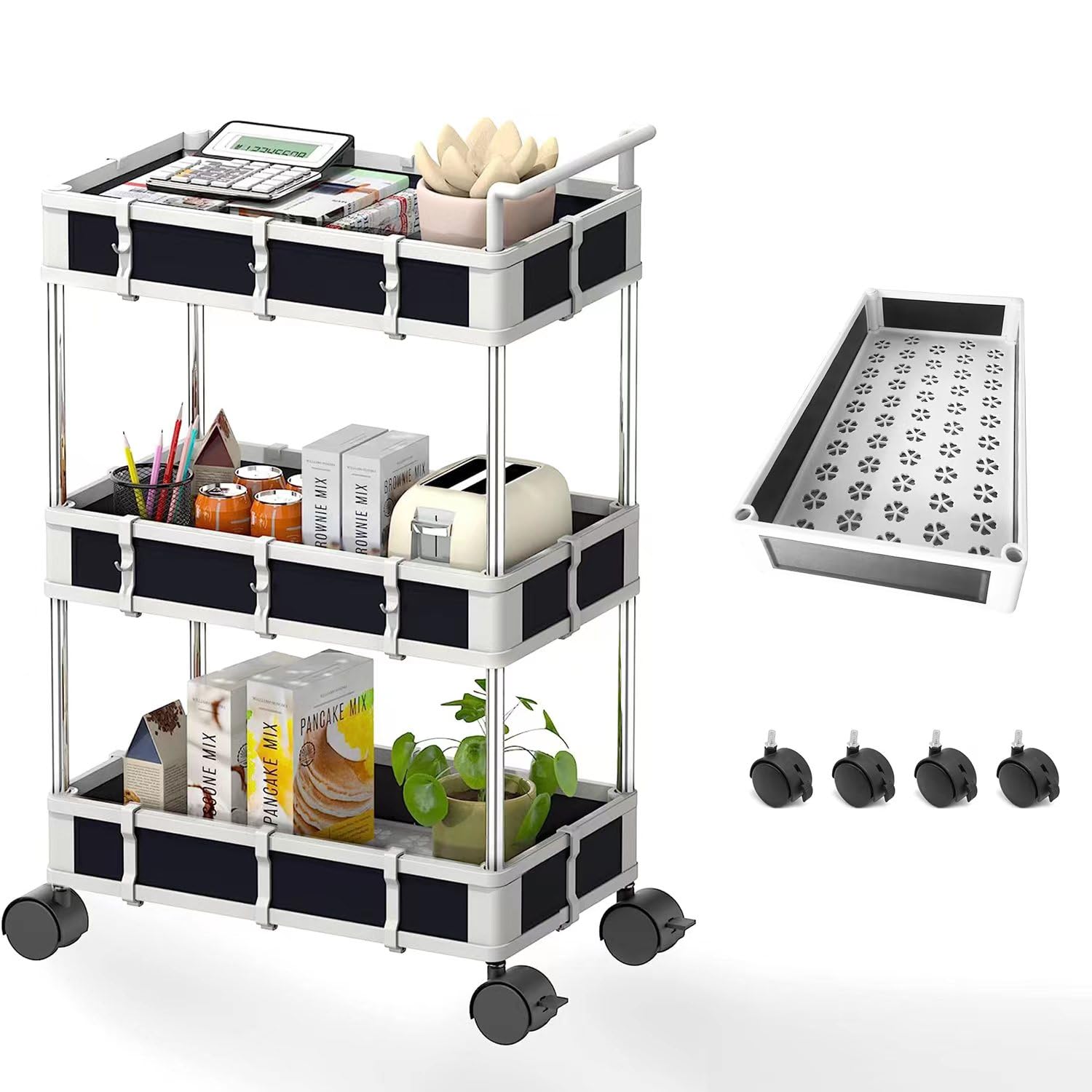 NUNET 3-Tier Storage Cart Multifunctional Kitchen Bathroom Storage Organizer Mobile Shelving Utility Rolling Cart w Lockable Wheels Hooks