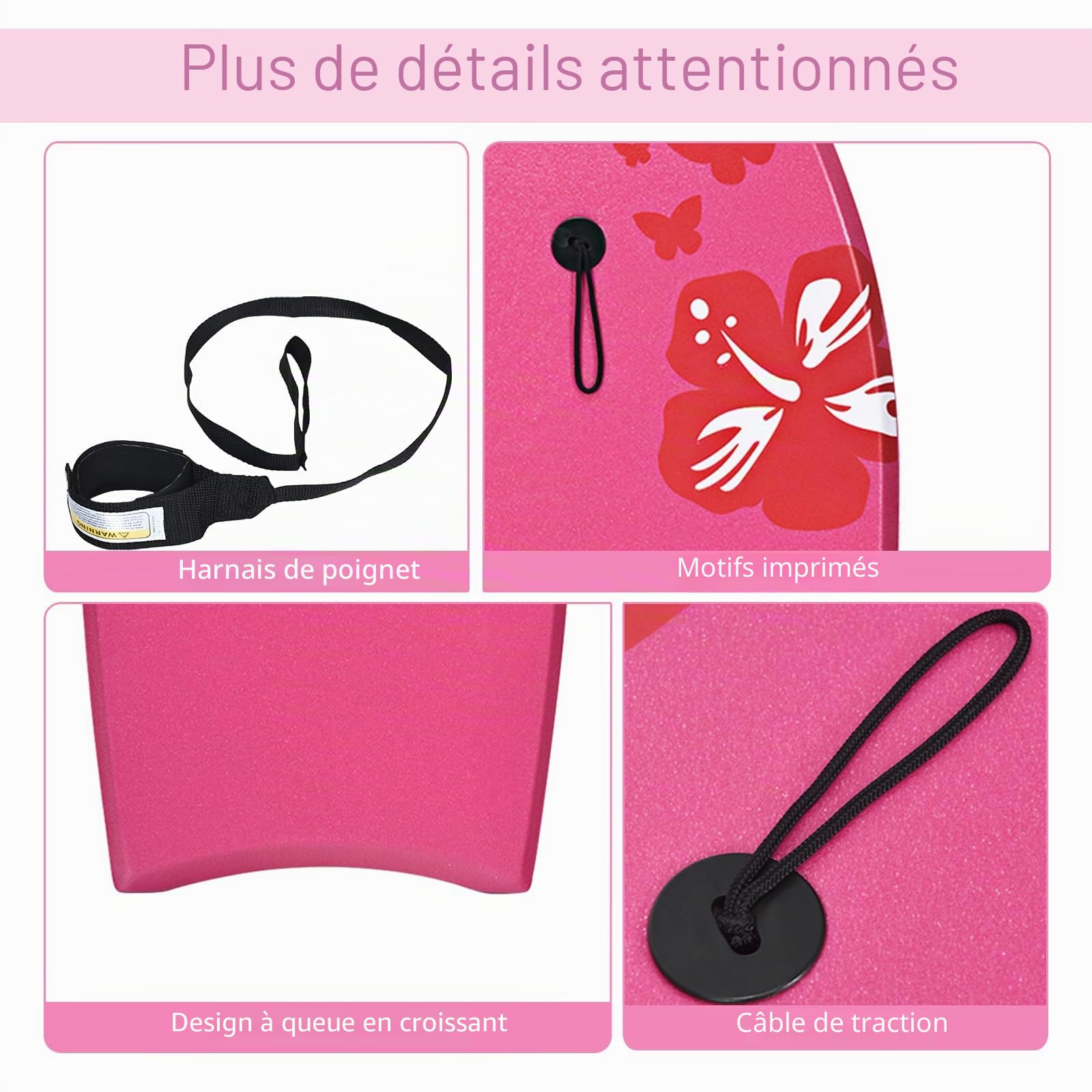 HOMASIS Planche de natation avec corde, planche de surf portable pour adultes et enfants à partir de 14 ans, 105 x 51 cm, rose rouge
