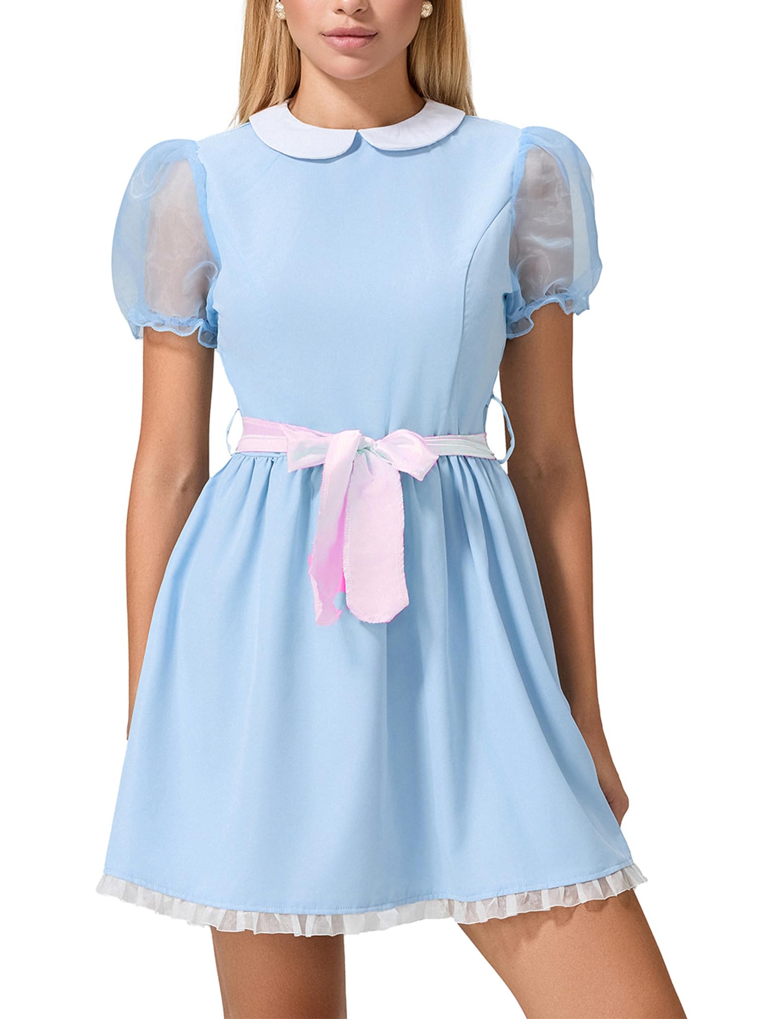 LYSINK Women Halloween Costume Short Puff Sleeve Blue Doll Dress Sister Twins Cosplay Lolita Mini Dress (A1-Mixed Color, XL)