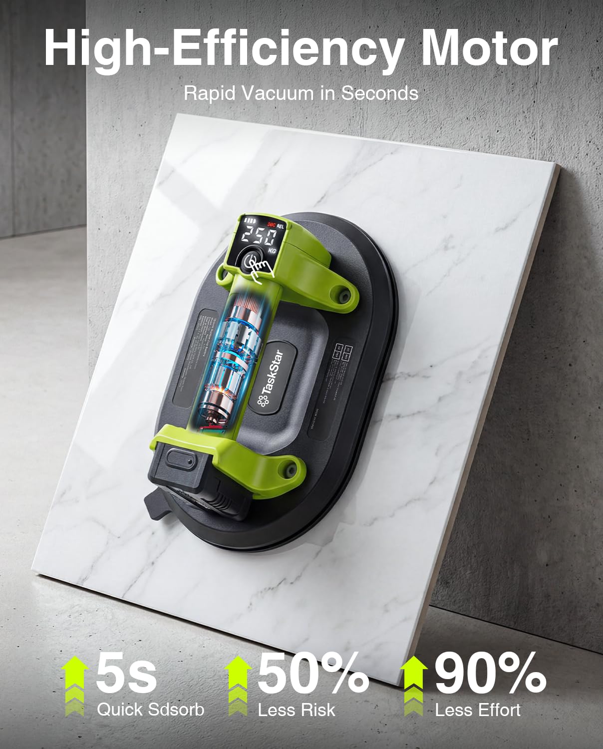 Taskstar Ventosa Elettrica: Ventosa a Batteria da 25cm per Piastrelle con 4x Batteria da 3000mAh - Carico verticale 250 kg - Display LCD, Sollevatore a Vuoto Senza Fili per Piastrelle (Verde)